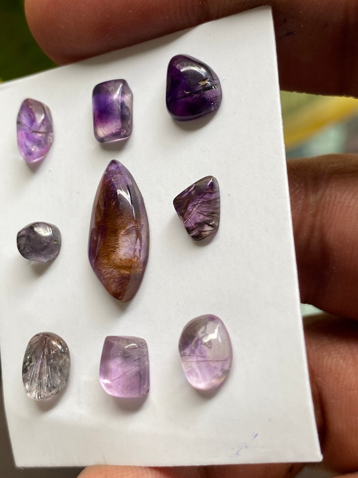 Fascinating rare Super seven cabochons mix amethyst rutile quartz lepidocrocite cacoxenite pcs 9 wt 13 cts 5mm-18x8.6mm pendant ring supply