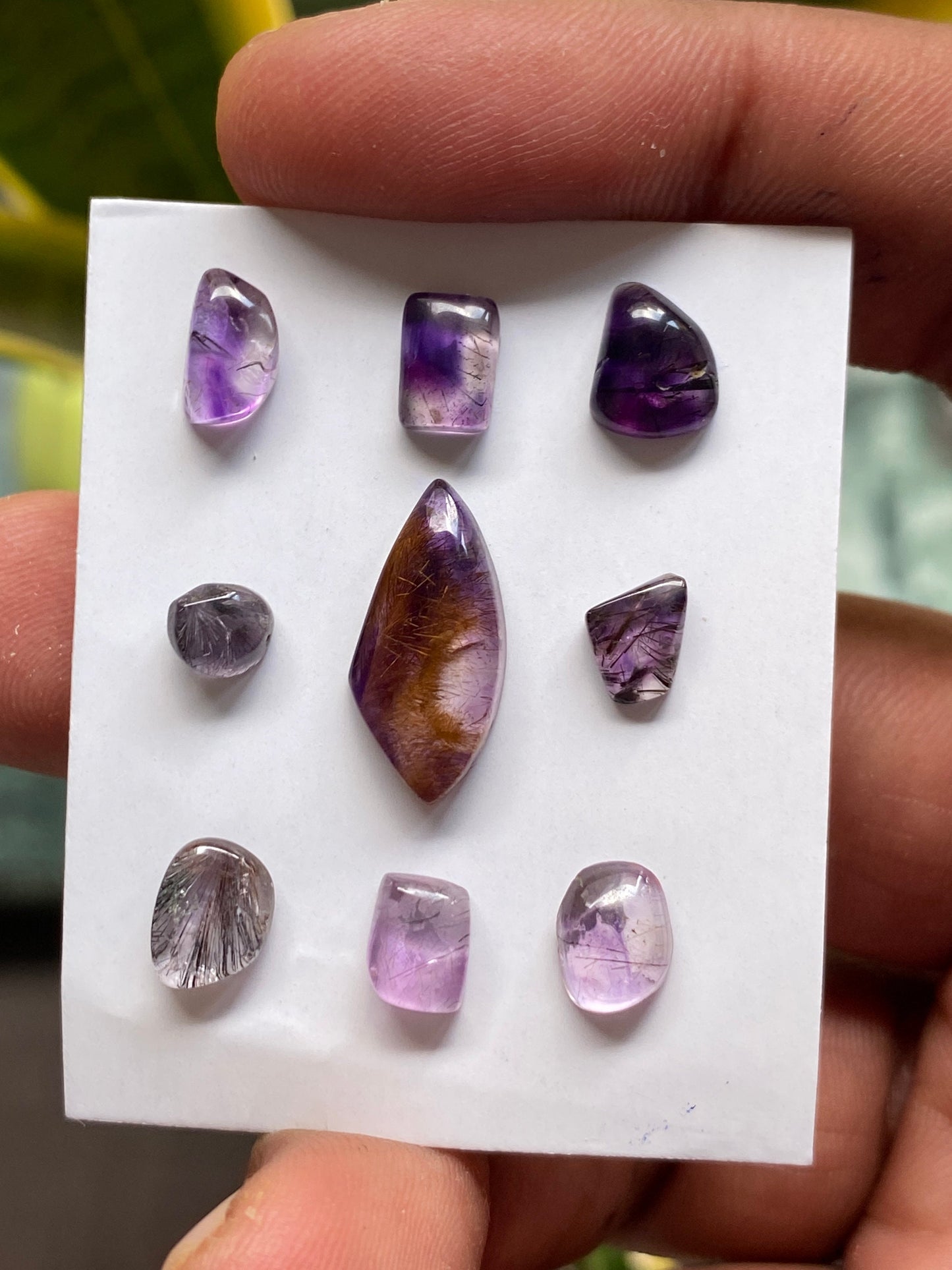 Fascinating rare Super seven cabochons mix amethyst rutile quartz lepidocrocite cacoxenite pcs 9 wt 13 cts 5mm-18x8.6mm pendant ring supply