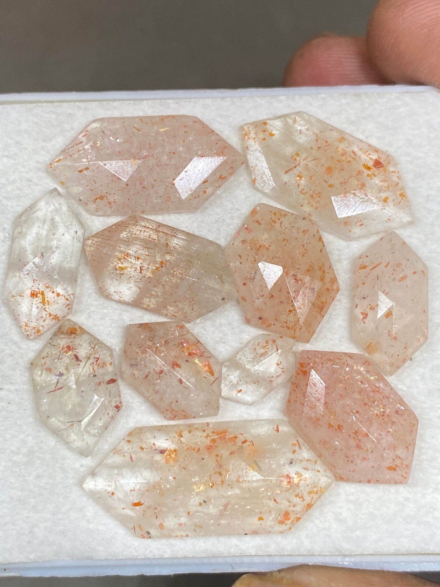 Amazing rare sunstone hexagon shape step cut flats wt 60 carats pcs 11 size 10.8x6mm-30x12mm sunstone geometric step cut flatback gems