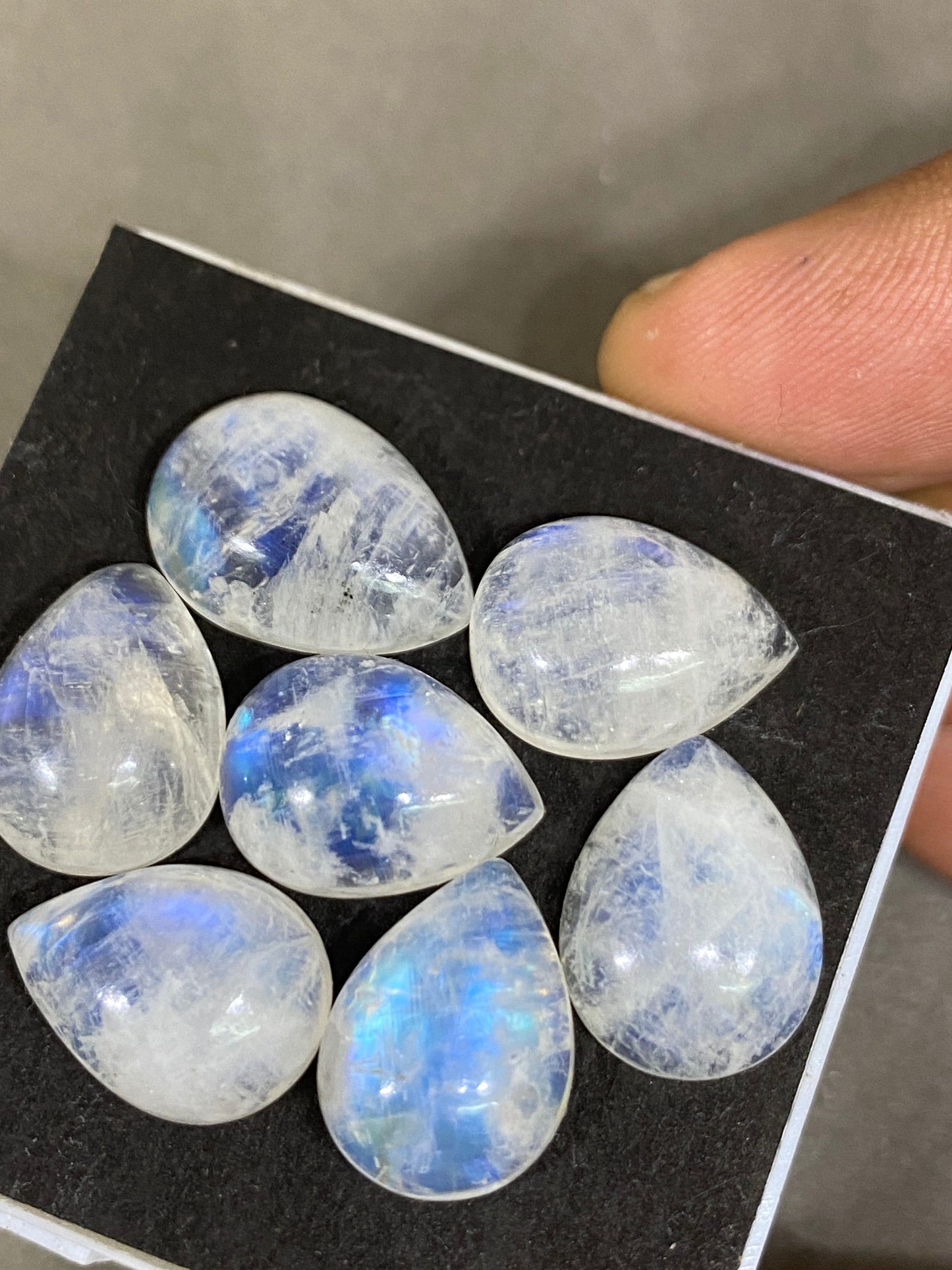 Fascinating  Blue fire rainbow moonstone pear cabochons  lot pcs 7 weight 61 cts size 16x11-17x12mm beautiful fire rainbow moonstone