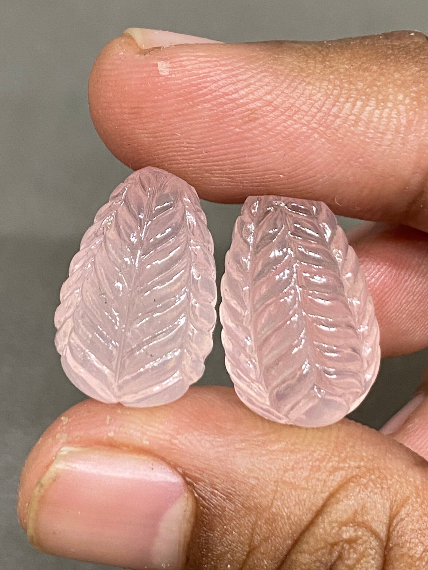 Natural rose  quartz  drop hand carved earring set wt 52 cts pcs 2 size 21x14mm rose quartz pink carving