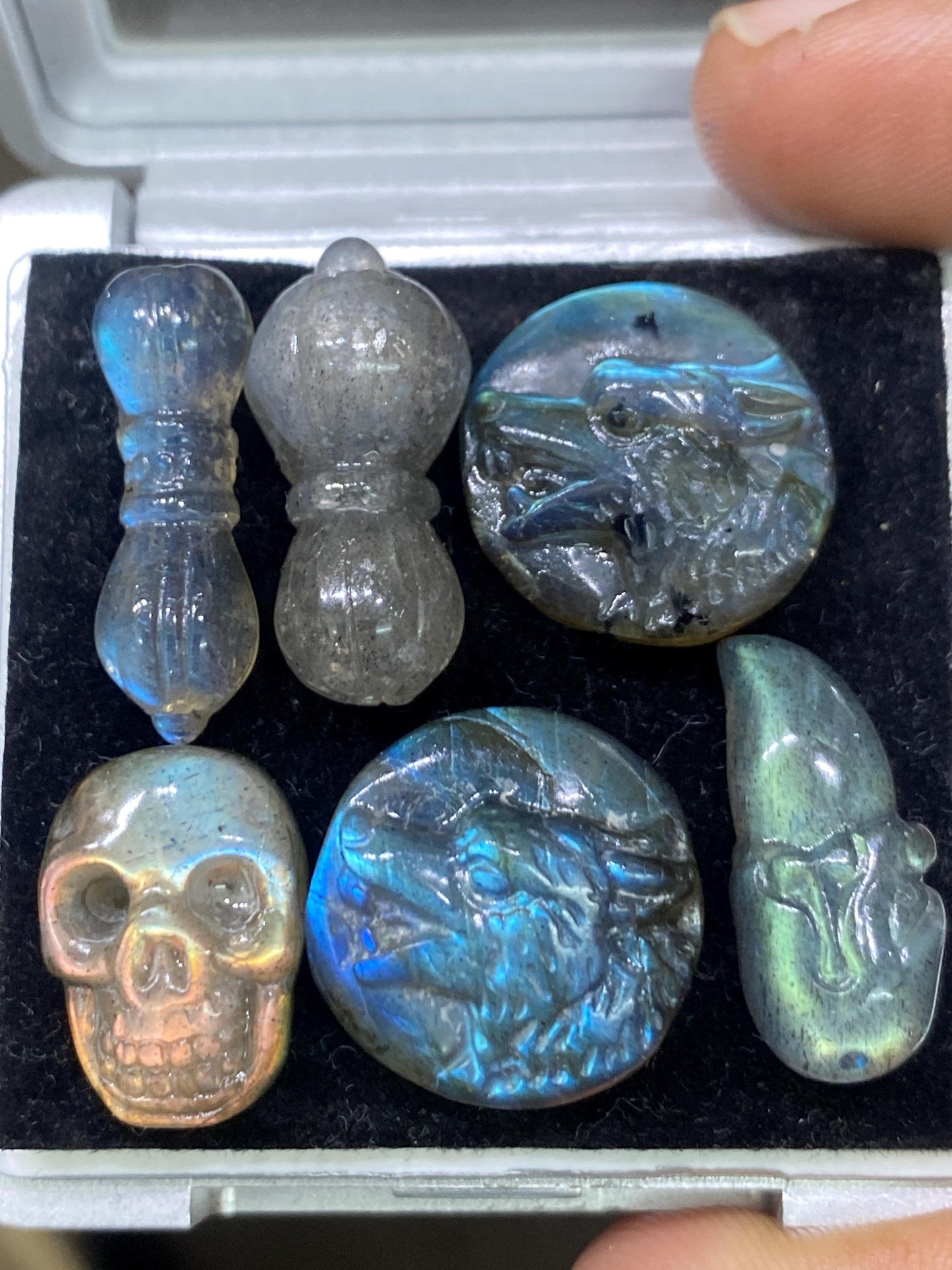 Dazzling AAA Natural Blue fire labradorite wolf face gargoyle carving aaa wt 85.80 cts pcs 6 size 9x6-16x7mm labradorite carving