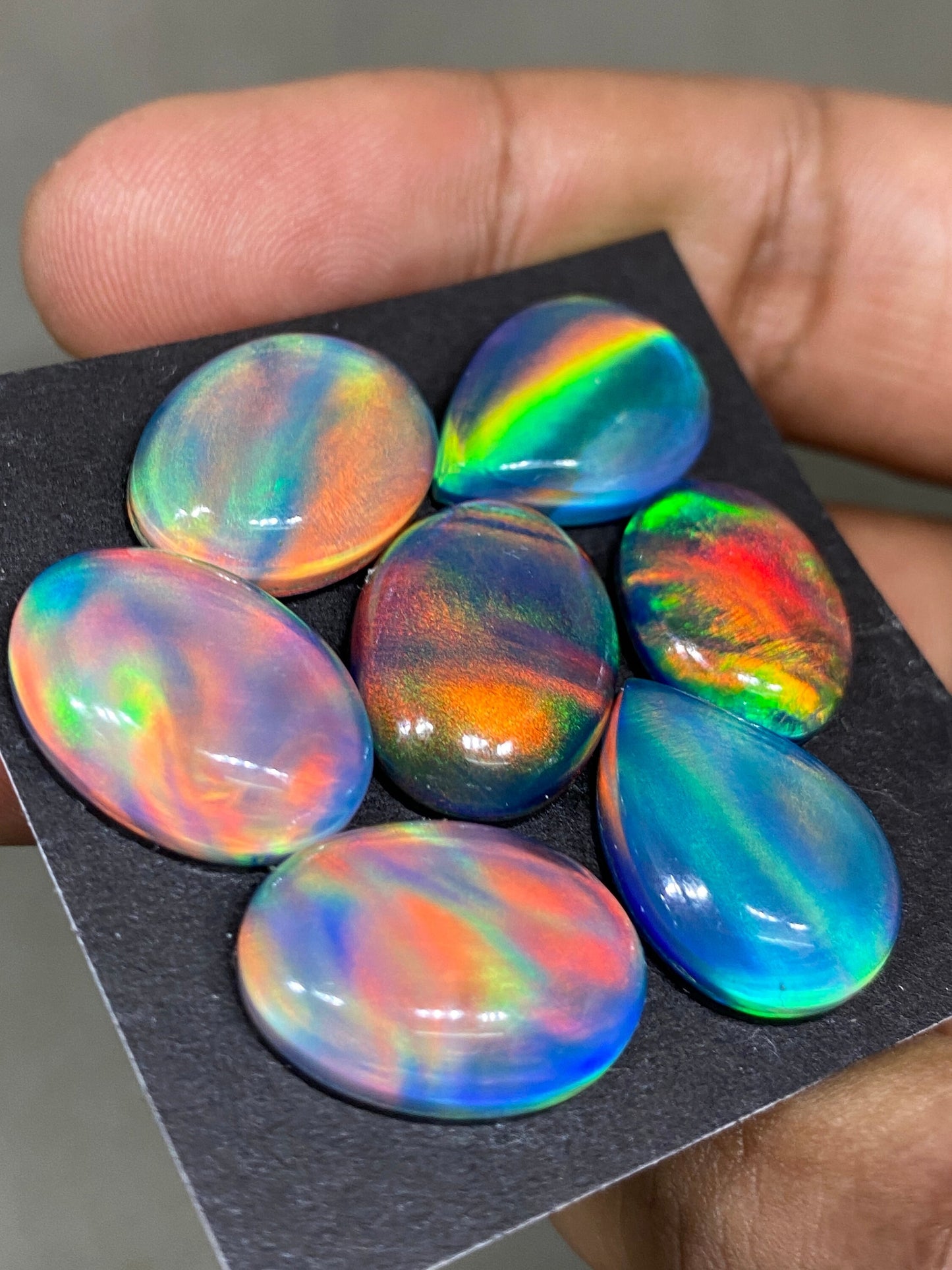 Fantastic Multi fire orange aurora opal and crystal doublet oval smooth cabochons pcs 7 Wt 66 carats  size 16x12-18x14mm ring pendant supply