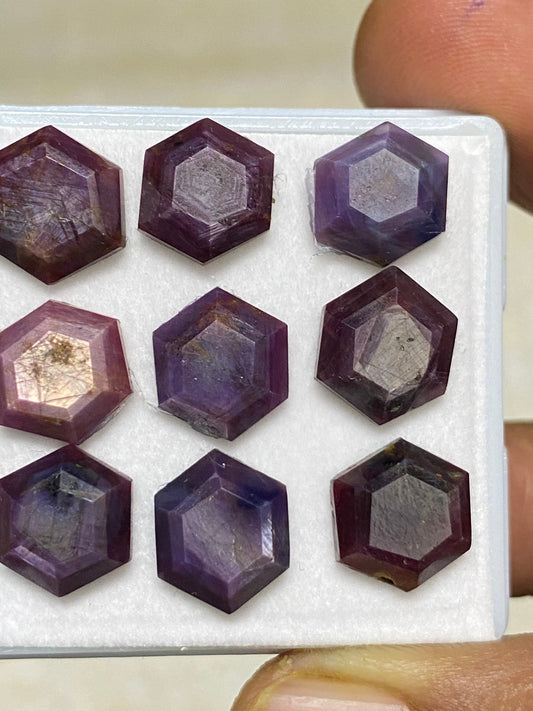 Blingy rare sheen sapphire ruby geometric hexagon  fancy mirror cut weight 40.80 cts pcs 9 size 11.5x10mm natural star sapphire step cuts