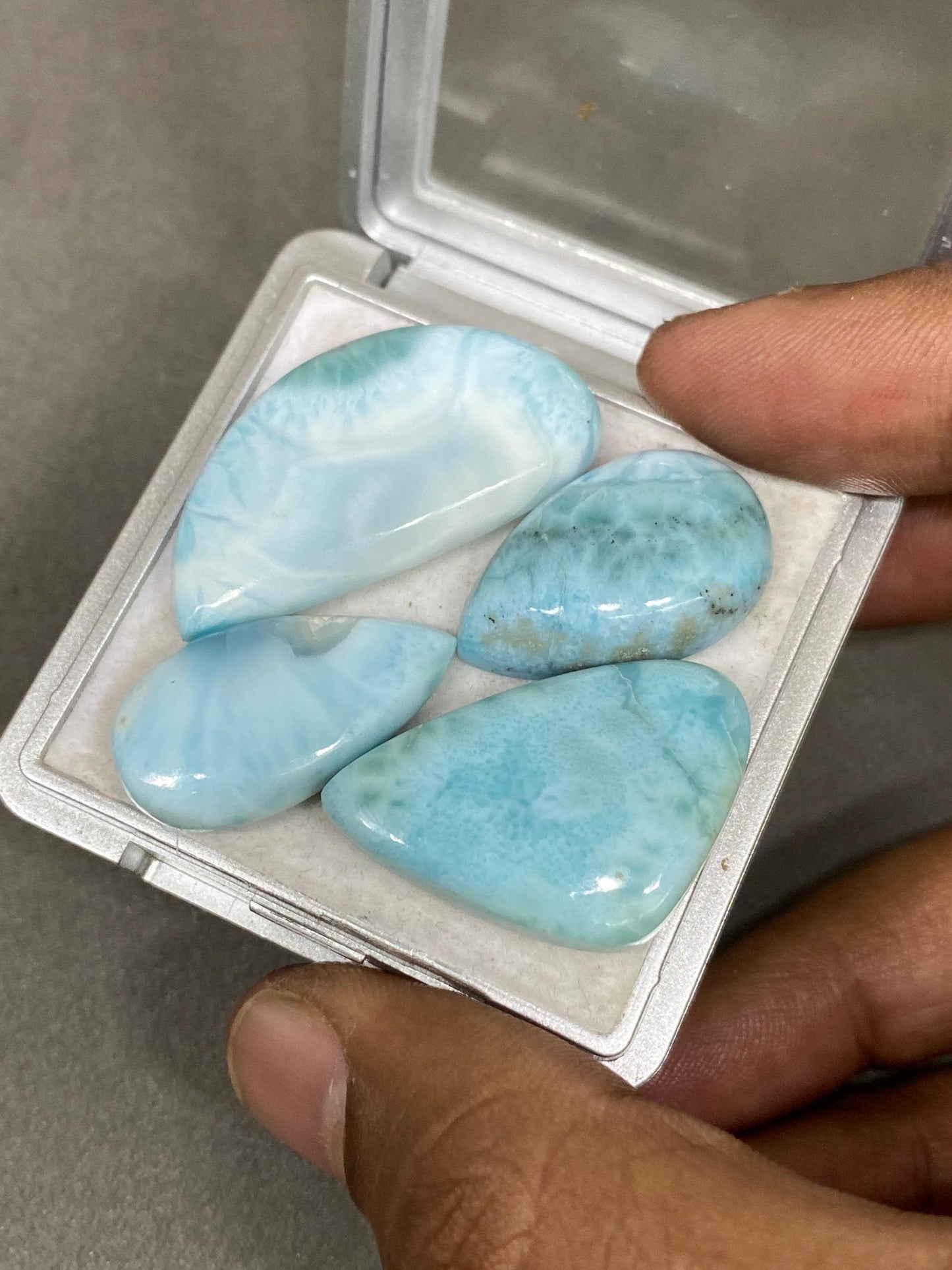 Dazzling rare Smooth Larimar cabochons mix shapes pcs 4 pendant supply wt 114 carats size 26x6-36x20mm natural Larimar cabochons fancy shape