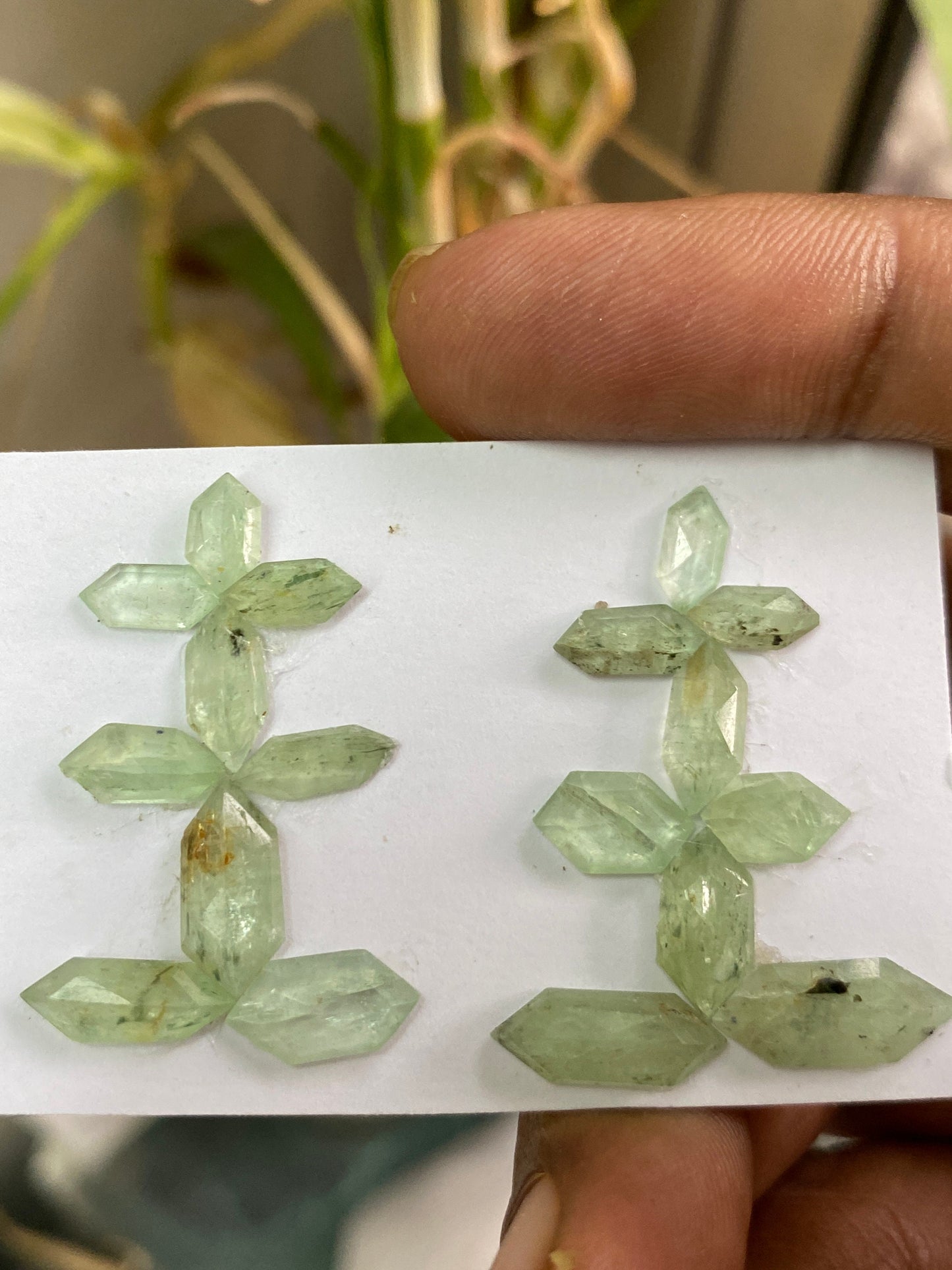 Stunning rare moss green kyanite hexagon stepcut flats fine quality weight 19.80  carats size 14x6-8x3mm pcs 18 quality moss green hexagon