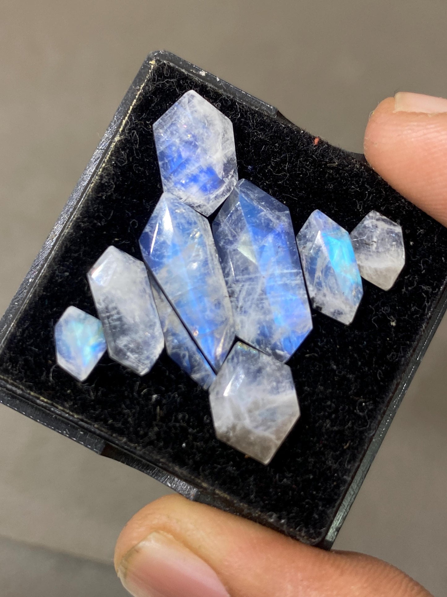 Ravishing Blue fire white rainbow moonstone hexagon faceted step cut pcs 8 wt  cts size  fire rainbow moonstone