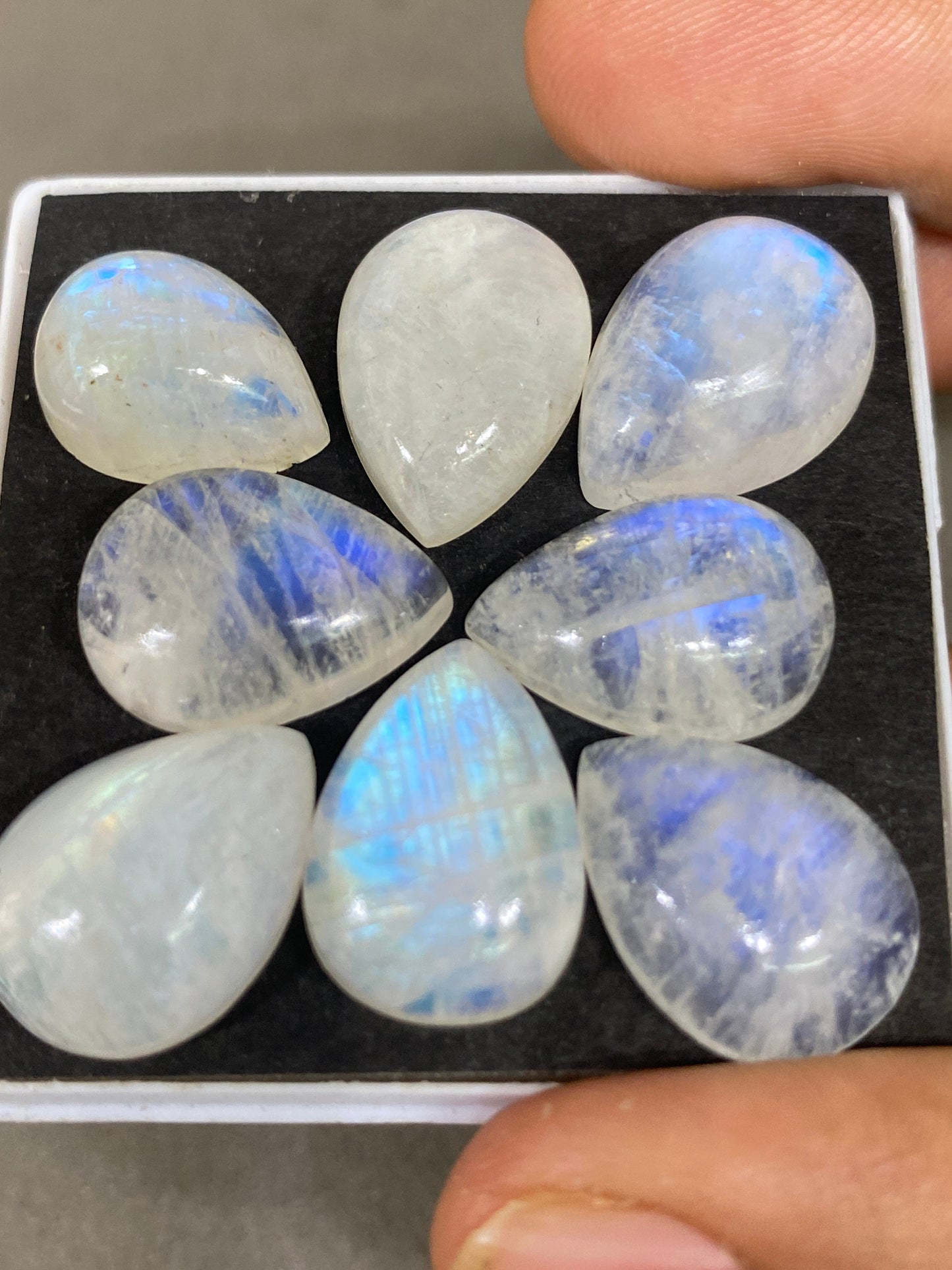 Fascinating  Blue fire rainbow moonstone pear cabochons  lot pcs 8 weight 86 cts size 16x11-18x13mm beautiful fire rainbow moonstone