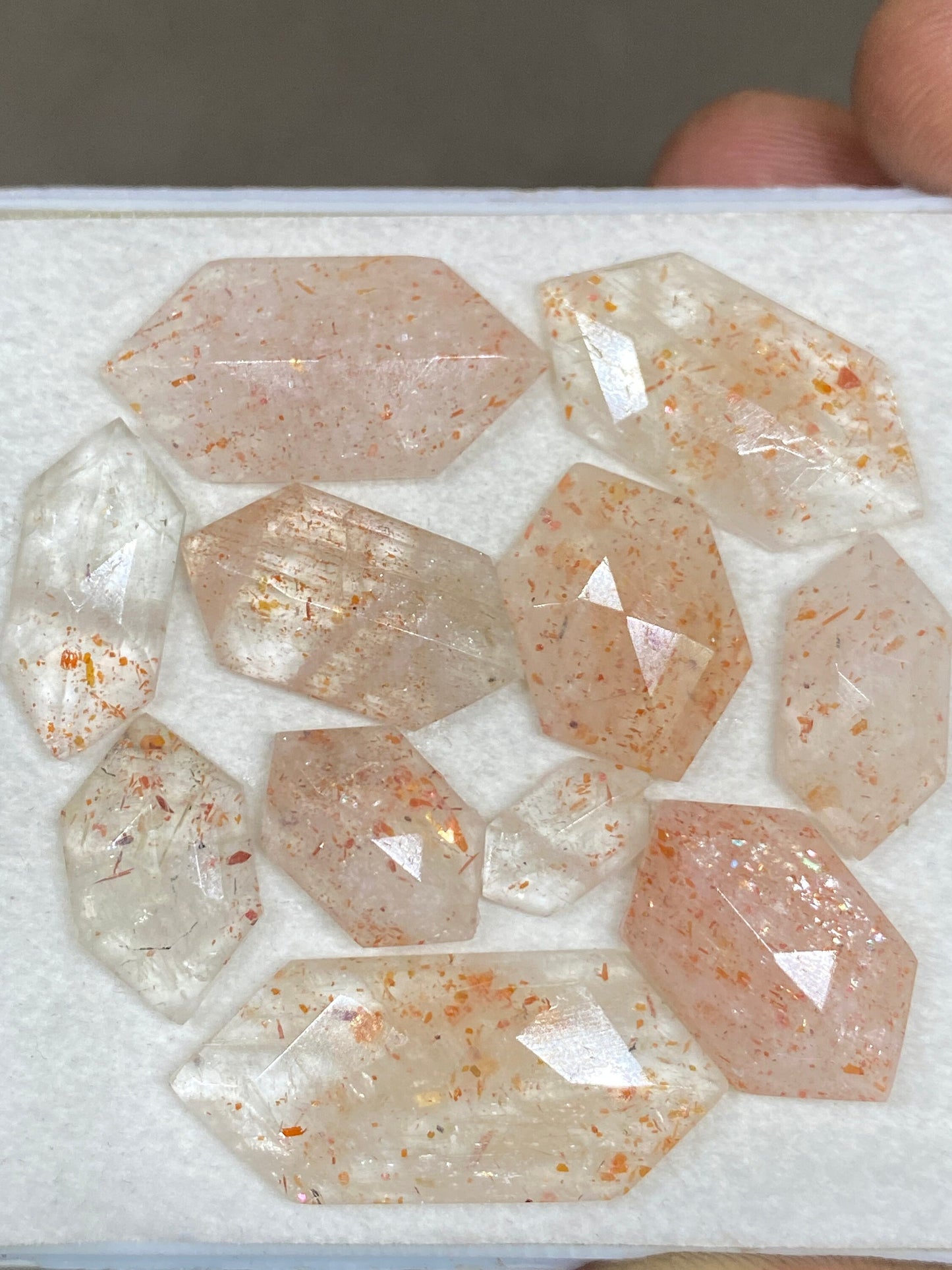 Amazing rare sunstone hexagon shape step cut flats wt 60 carats pcs 11 size 10.8x6mm-30x12mm sunstone geometric step cut flatback gems