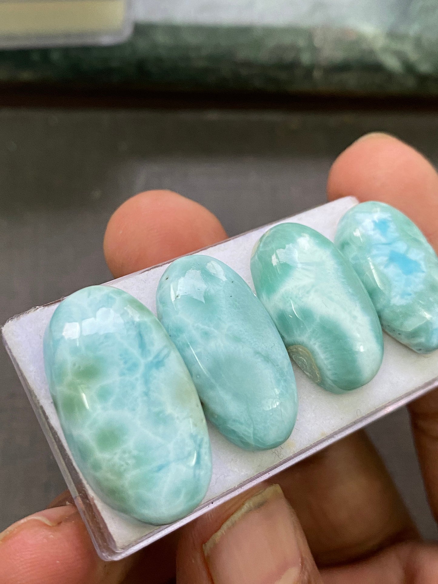 Mesmerising rare Smooth Larimar cabochons mix shapes pcs 4 pendant supply wt 84 carats size 23x13-28x15mm Larimar cabochons fancy shape