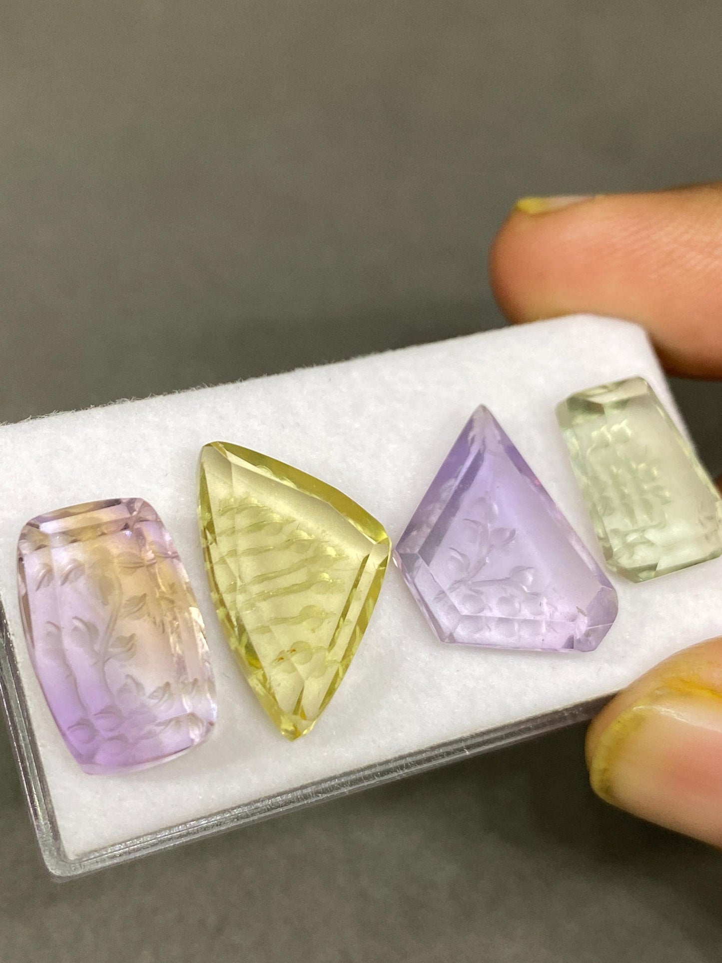 Mesmerising AAA Ametrine lemon quartz green amethyst intaglio carving cutstones wt 35 carats pcs 4 good size 14x10-20x13mm gemstone carving