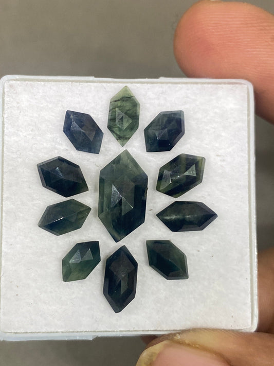 Wow rare blue sapphire hexagon geometric  parti sapphire  bi color sapphire pcs 11 wt 18.50 carats size 8.5x6mm-14.5x7.5mm rosecut sapphire