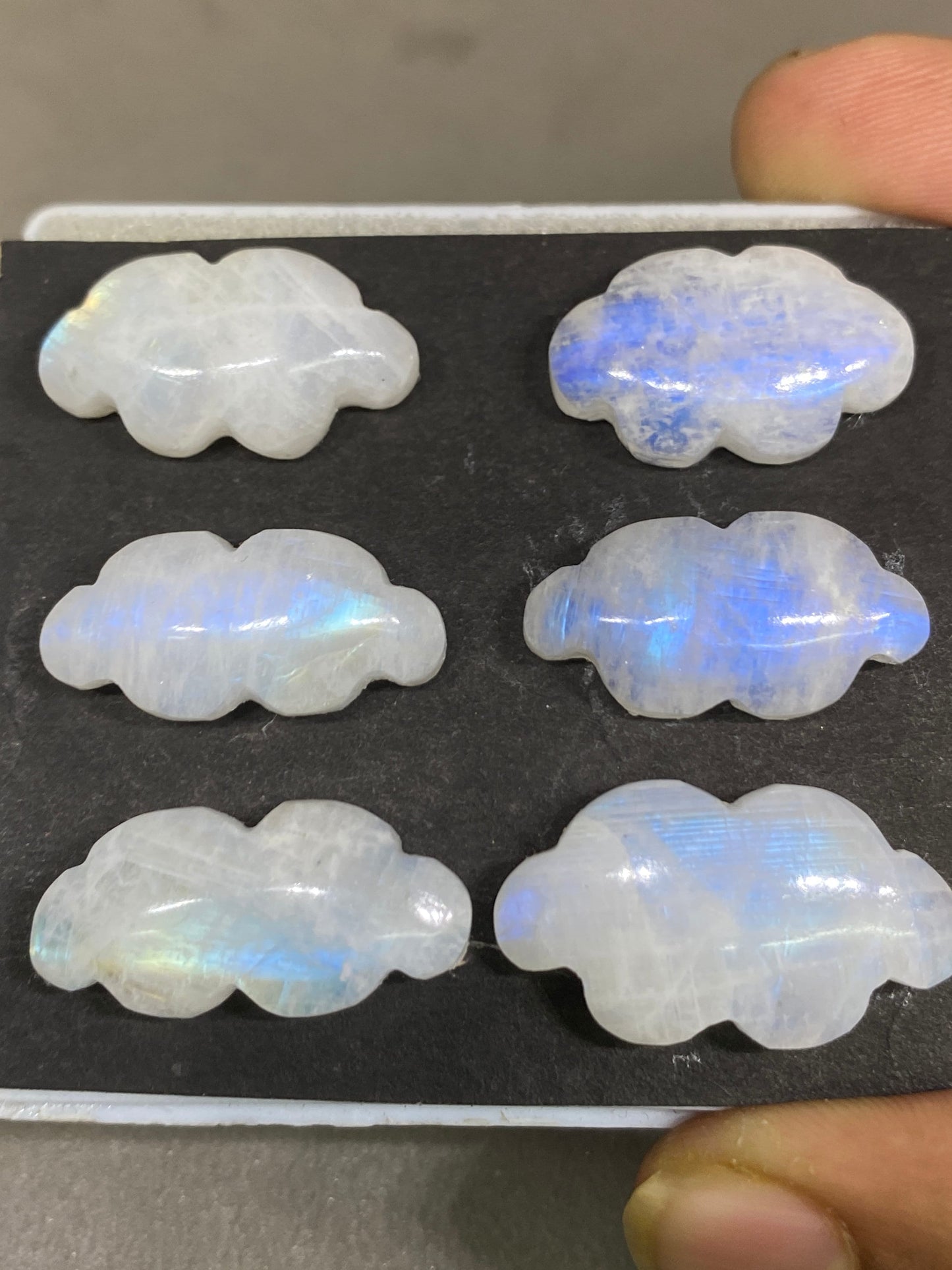 Gorgeous rare white moonstone cloud carving  blue fire moonstone   carving pcs 6 wt 103.5 cts size 22x13-27x15mm  moonstone cloud carving