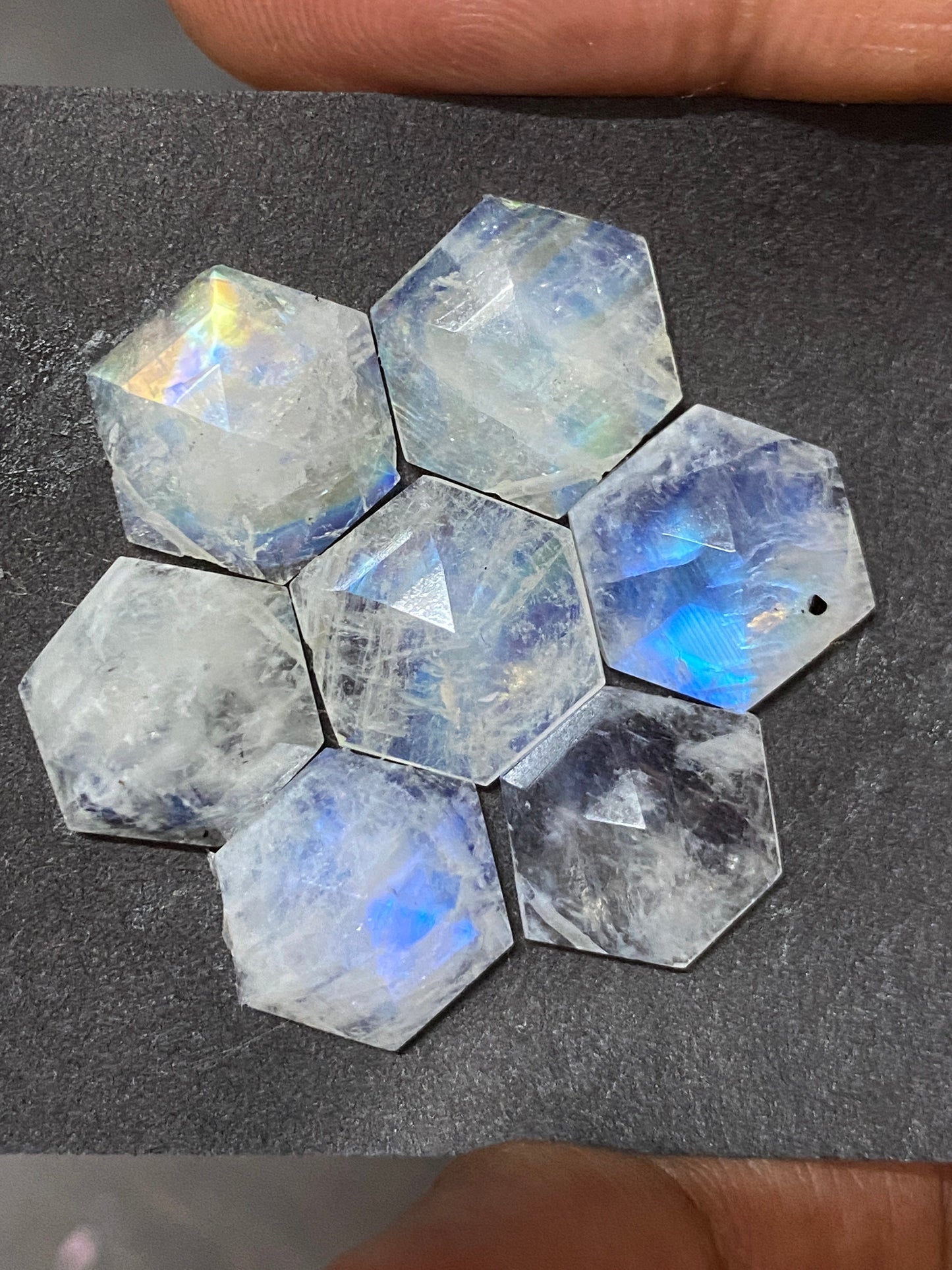 Fabulous rare Blue fire white rainbow moonstone faceted rosecut hexagon pcs 7 wt 36 cts size 12mm-13mm fire rainbow moonstone