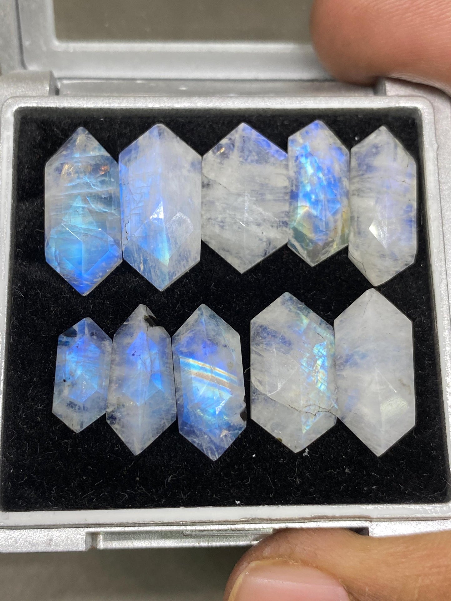 Blue fire white rainbow moonstone hexagon faceted step cut pcs 10 wt 47 cts size 12x5mm-19x8mm fire rainbow moonstone