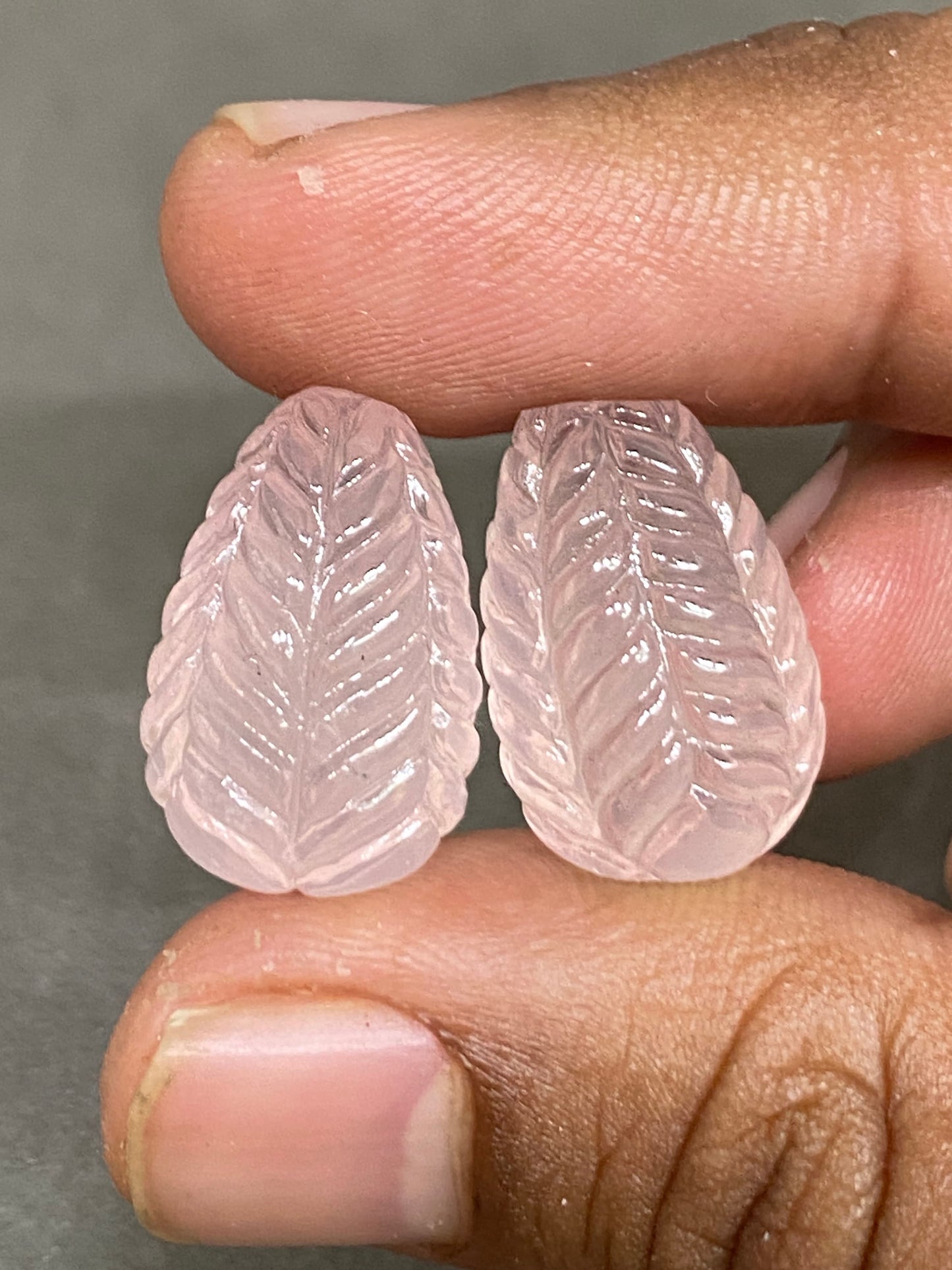 Natural rose  quartz  drop hand carved earring set wt 52 cts pcs 2 size 21x14mm rose quartz pink carving