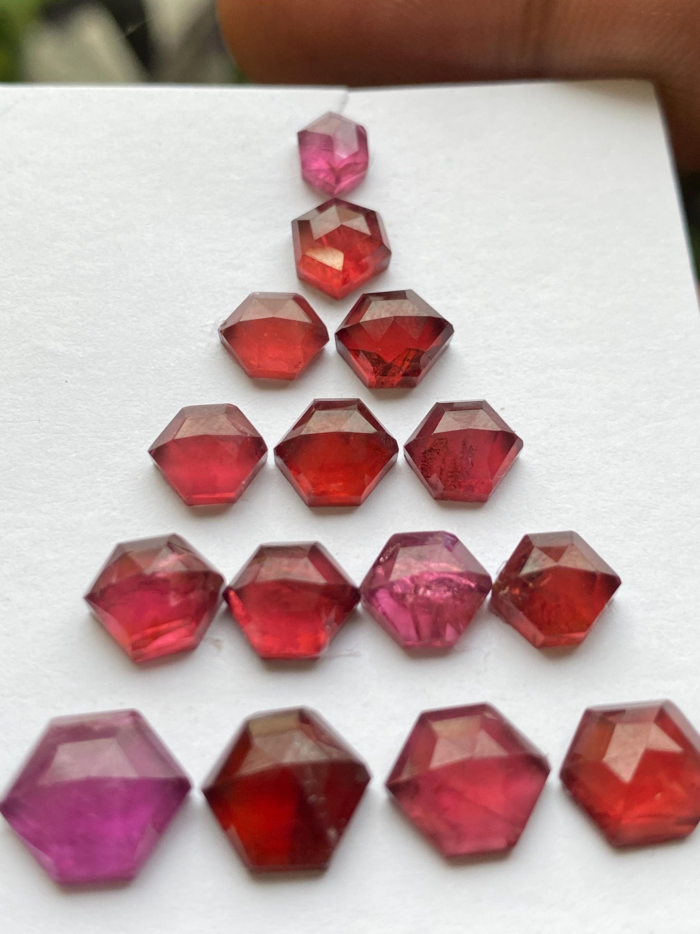 Fabulous Rhodolite garnet hexagon step cuts Malaya aaa quality wt 17 cts pcs 15 size  7.7x4.6-8.5x5.5mm Rhodolite garnet stepcut hexagons