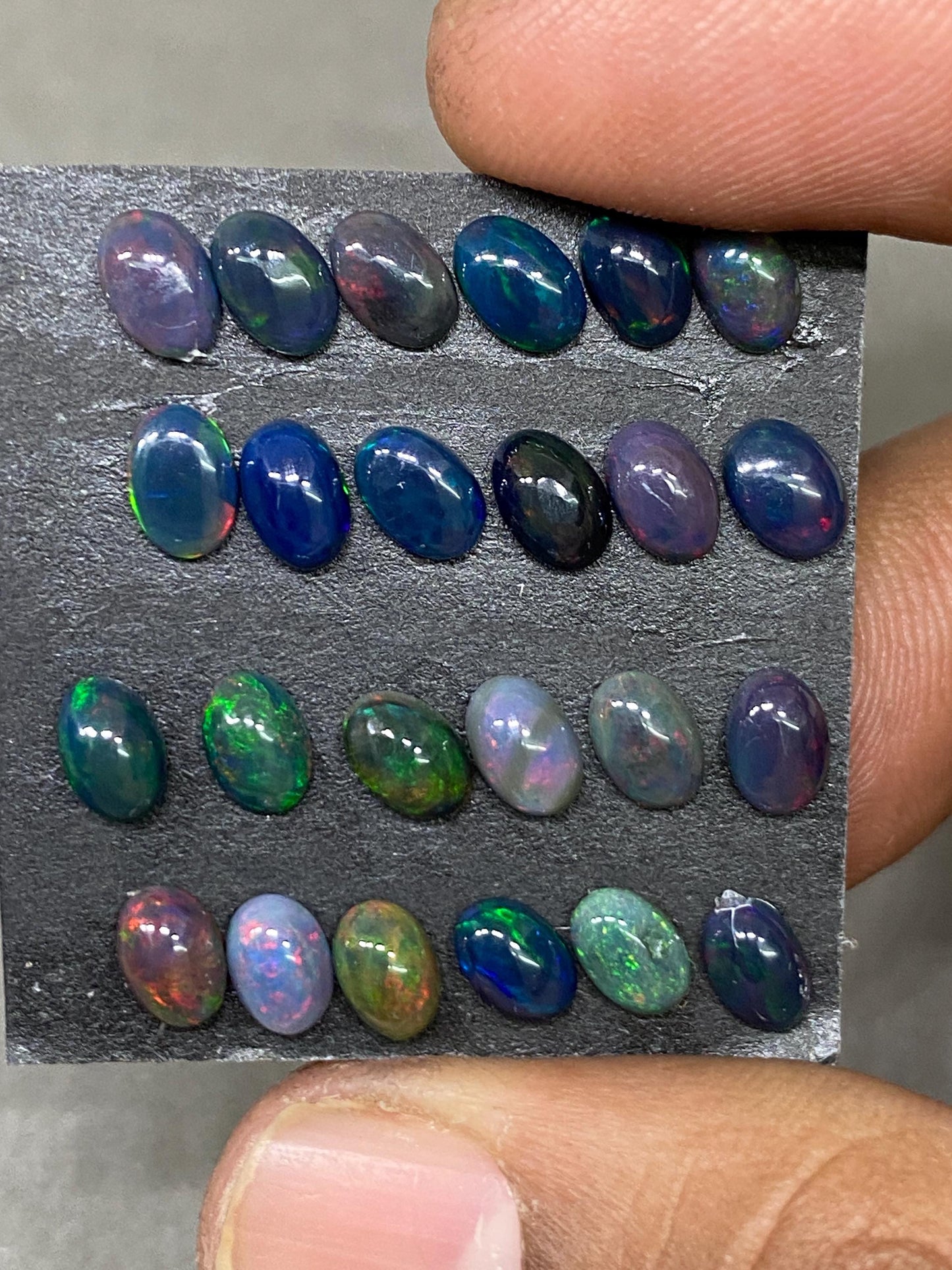 Black opal (smoked) Natural Fire opal cabochons lot size wt 8.30 cts size 6x4mm  pcs 24 opal cabochon aaa quality fire black opals cabochons