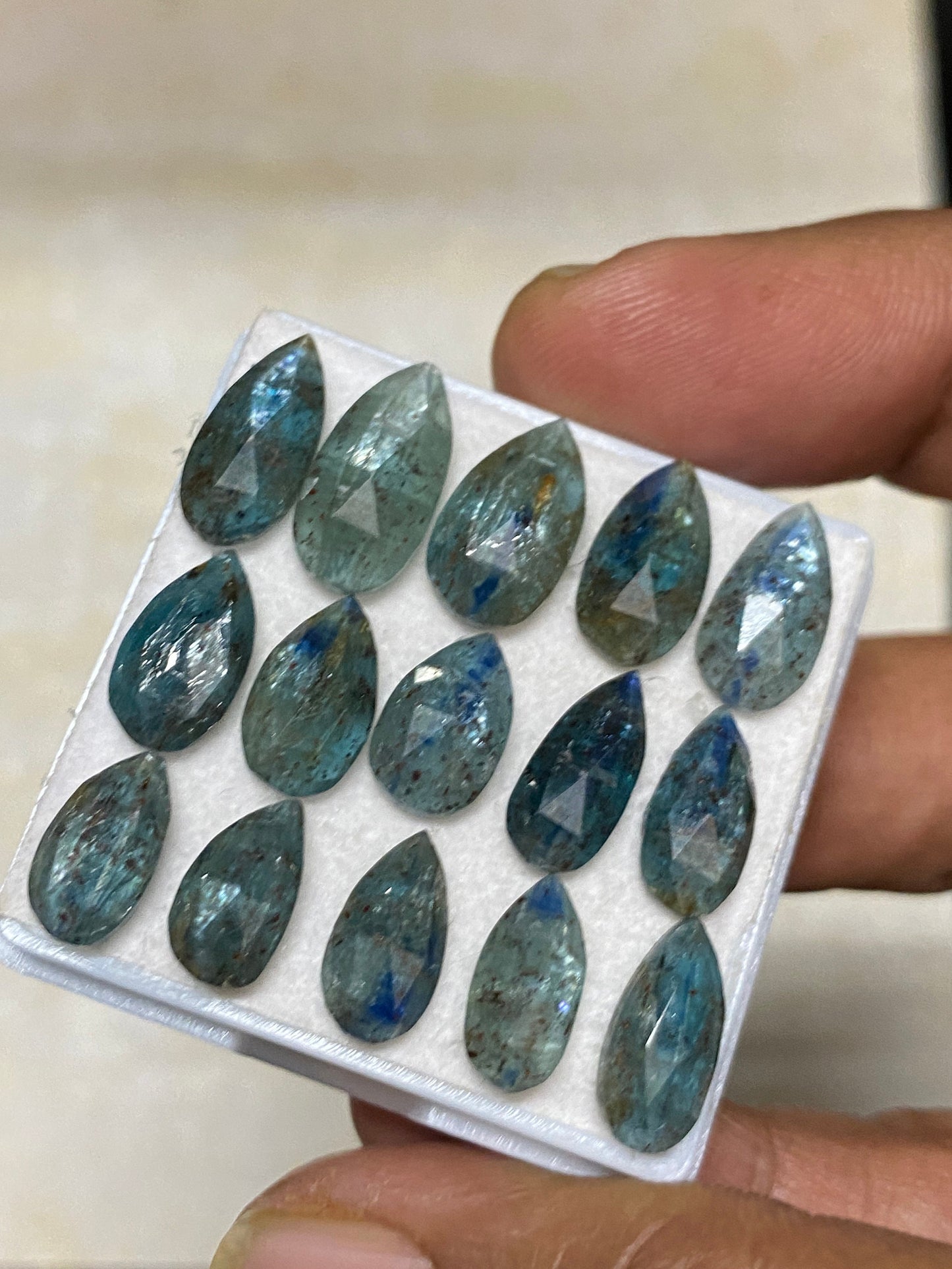 Stunning rare moss teal blue kyanite rosecut flats shape amazing quality lovely color wt 41 carats pcs 15 size 12x6-15x8mm  rosecut