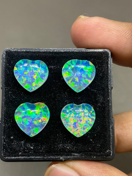 Mesmerising Multi fire aurora opal and crystal doublet heart  smooth cabochons pcs 4 wt 25 carats  size 12mm ring pendant auroral opal