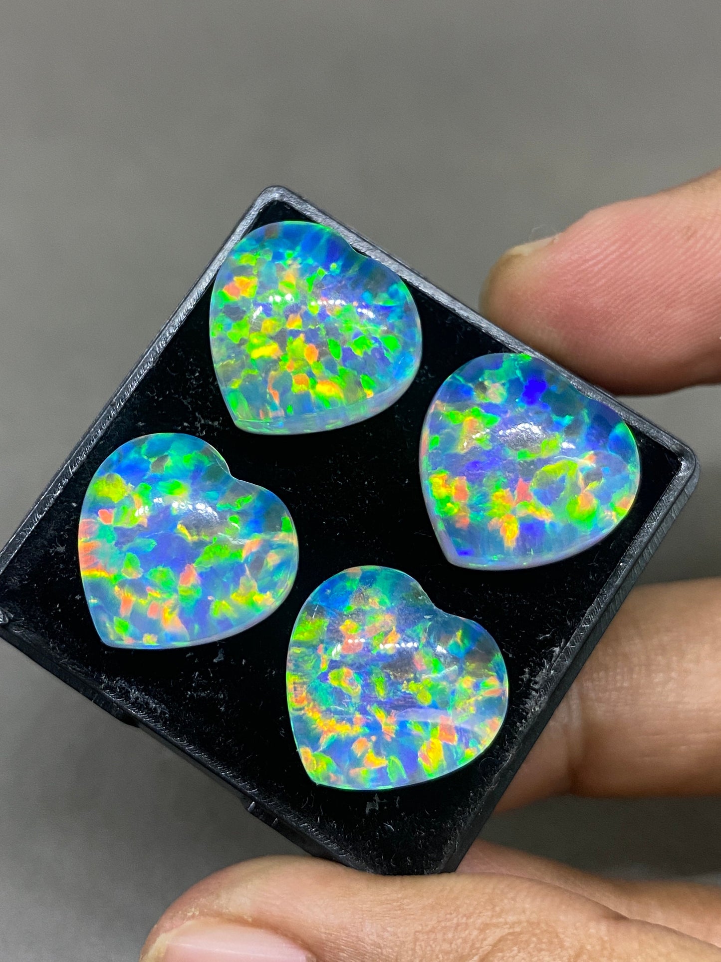 Vivacious Multi fire aurora opal n crystal doublet heart gem smooth cab pcs 4 wt 60 carats big size 16mm ring pendant earring auroral opal