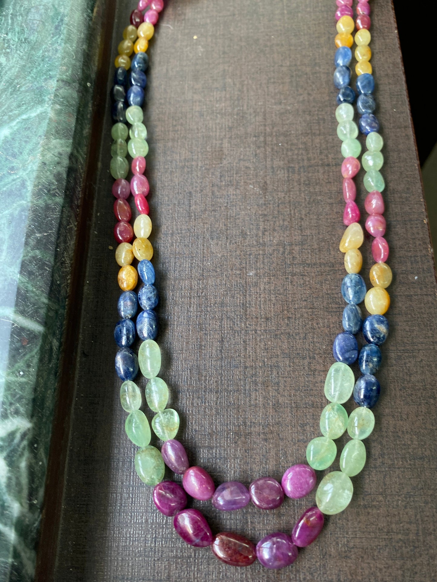 Very rare Multi Sapphire ruby emerald necklace smooth polished nuggets weight 375 carats size 8.2x5-12.5x8mm length inches multi sapphire