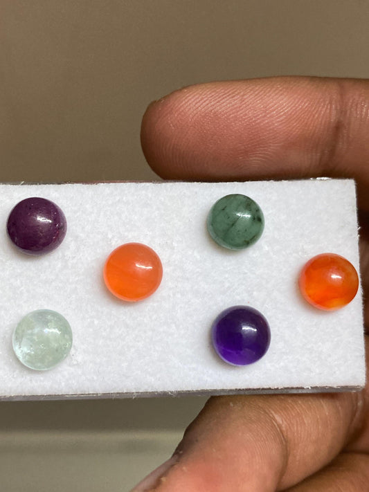 Beautiful rare multi cabochons aquamarine ruby emerald amethyst carnelian  mix stones pcs 6 wt. 13.60 carats 8mm round cabochon lot