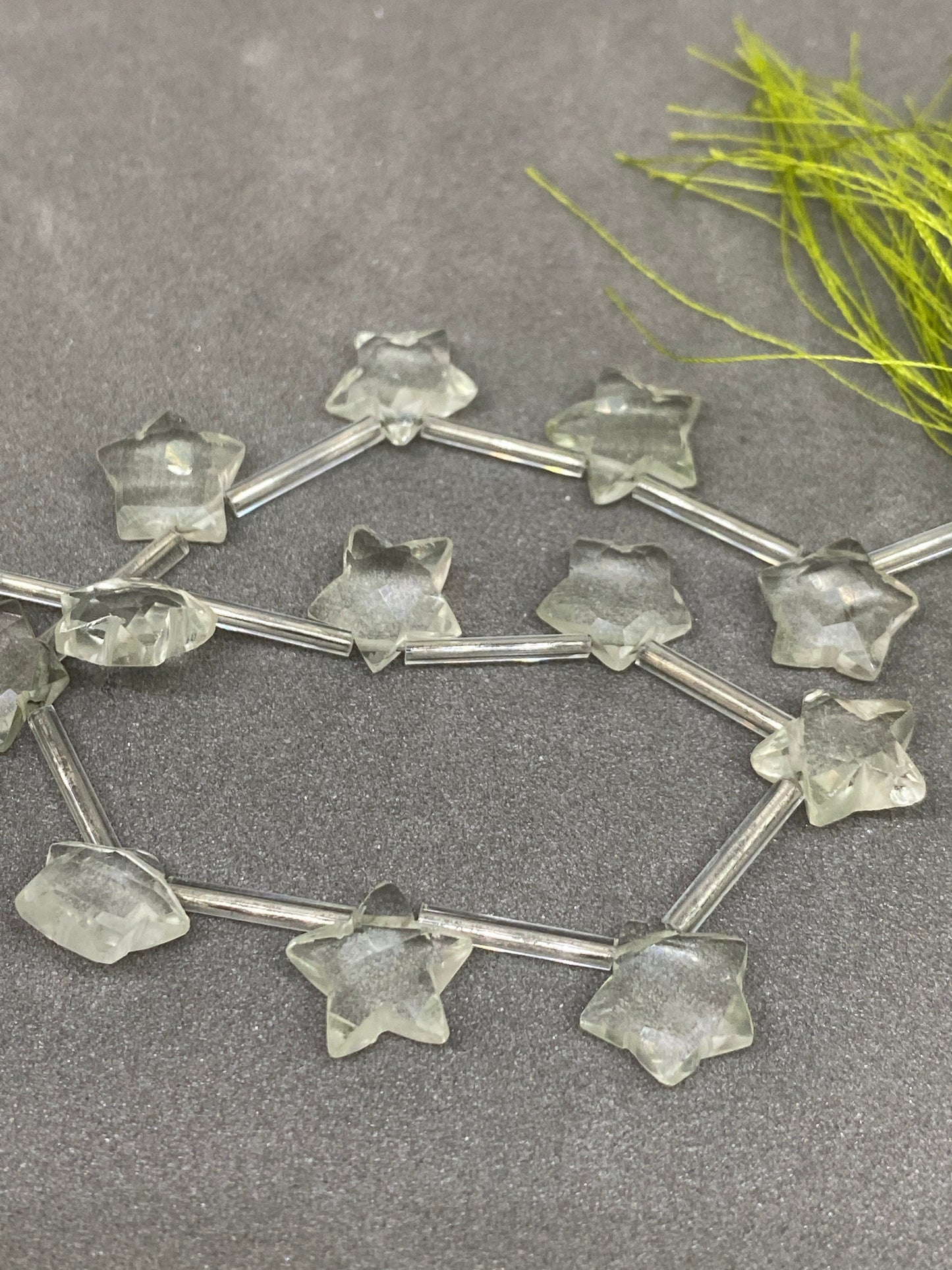 Nice rare green amethyst faceted star shape briolette strand 7.5 length inches wt 40 cts approx size 10mm-10x9mm green amethyst star