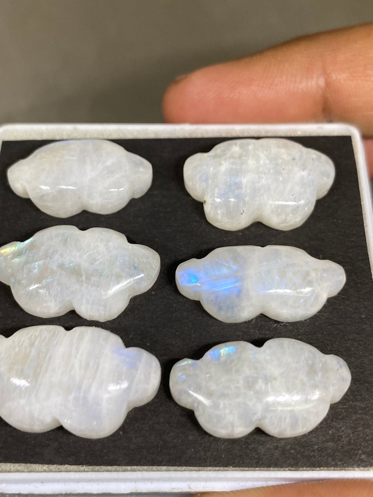 Stunning rare white moonstone cloud carving  blue fire moonstone   carving pcs 6 wt 106 cts size 22x12-25x14mm  moonstone cloud carving