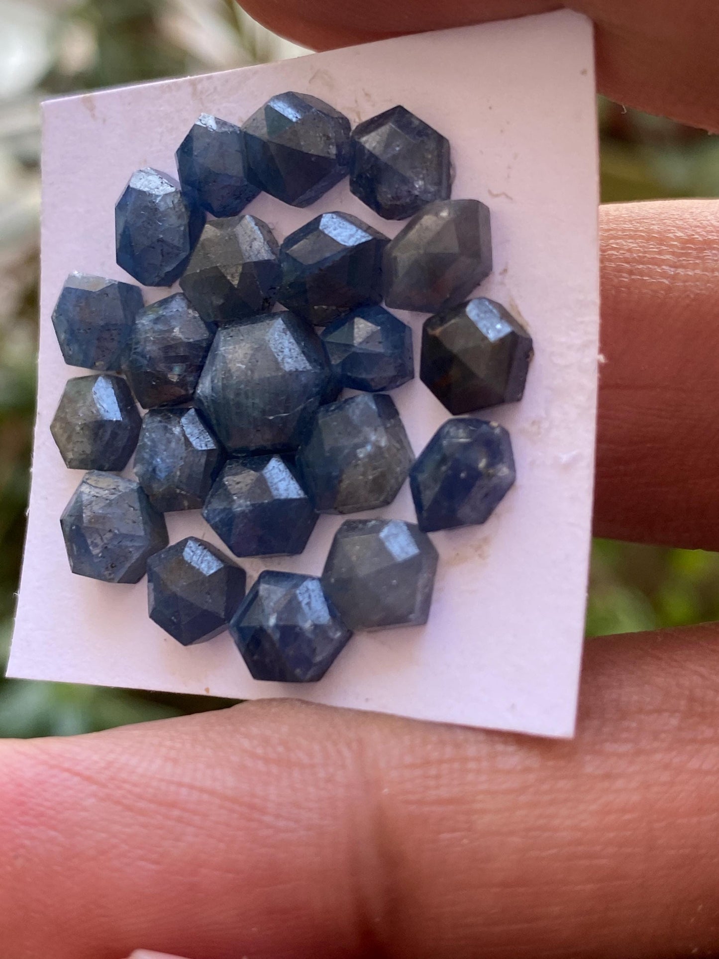 Rare blue sapphire hexagon step cuts  wt 30.80 cts  Pcs  21 size 5.5x4.8mm-9.6x7.9mm blue sapphire stepcut hexagon flatbacks