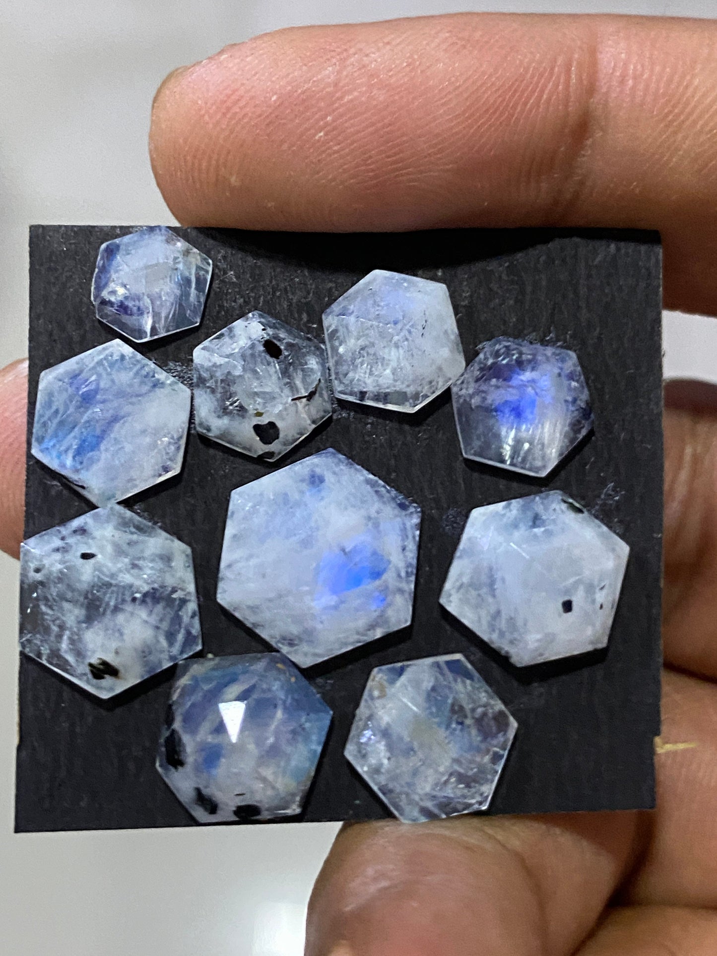 Mesmerising rare Blue fire white rainbow moonstone faceted rosecut hexagon pcs 10 wt 29 cts size 8mm-14mm fire rainbow moonstone