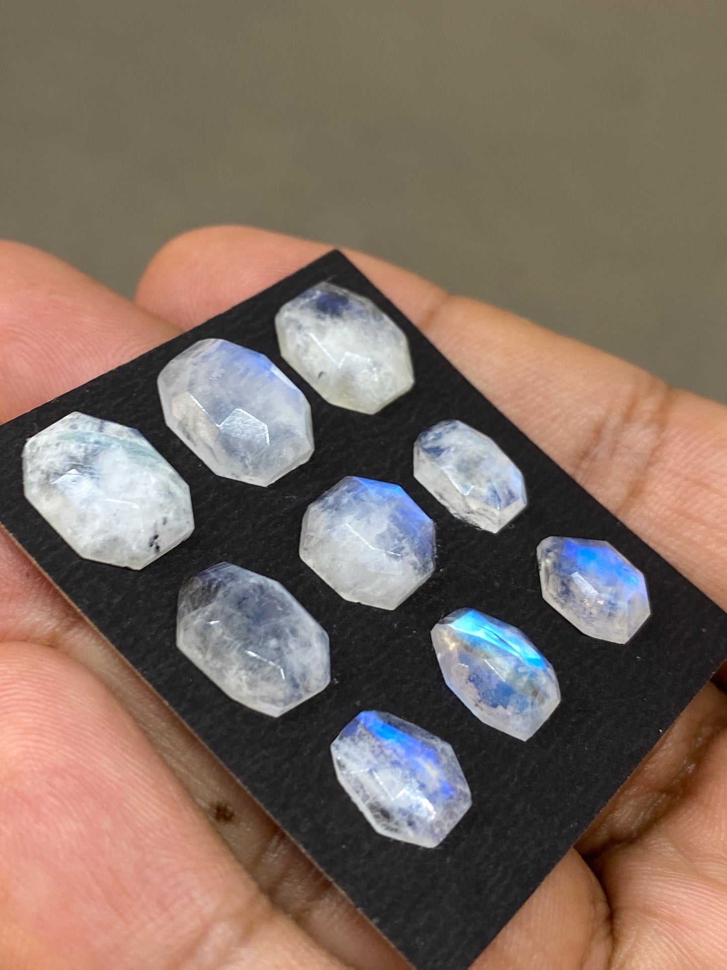 Stunning rare Blue fire white rainbow moonstone faceted rosecut geometric cushion pcs 9 wt 28 cts size 10x8-12x10mm fire rainbow moonstone