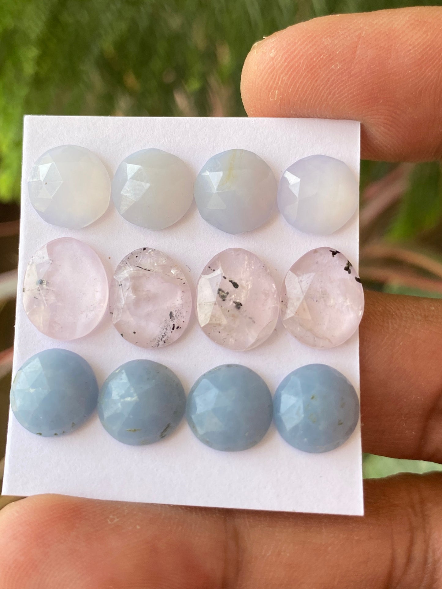 Chalcedony pink spot quartz and  angelite rosecut rounds and ovals pastel colors pcs 12 wt 35 carats size 10mm-12x10mm round oval rosecut