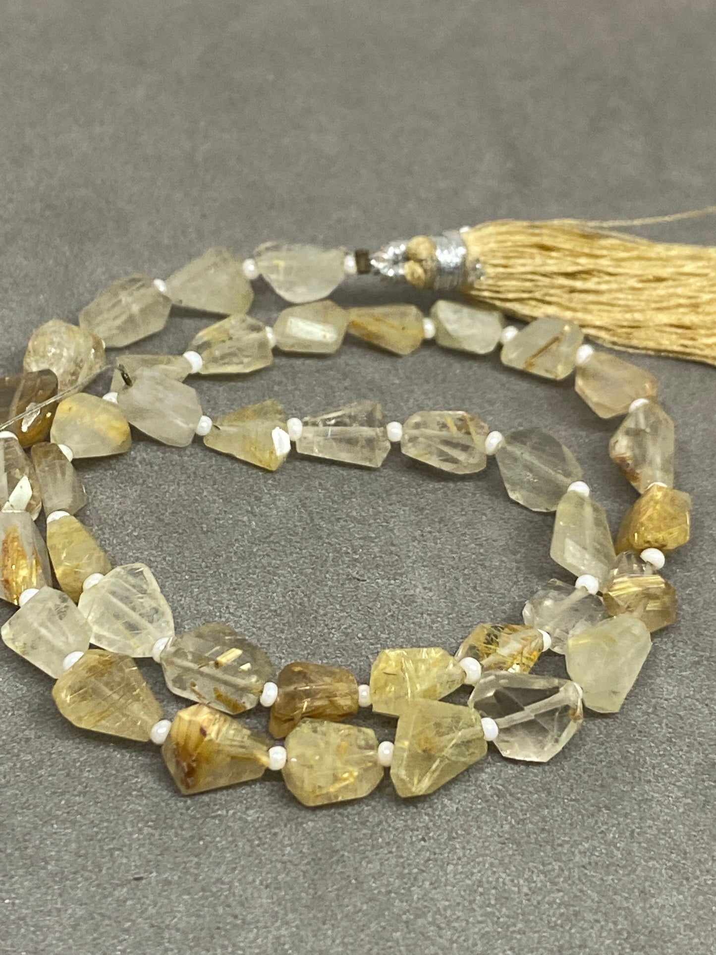 Natural golden rutile faceted geometric nuggets strand 14 inches pcs 39 wt 63 carats size 7x6mm-9x6mm Faceted golden rutile nuggets tumble