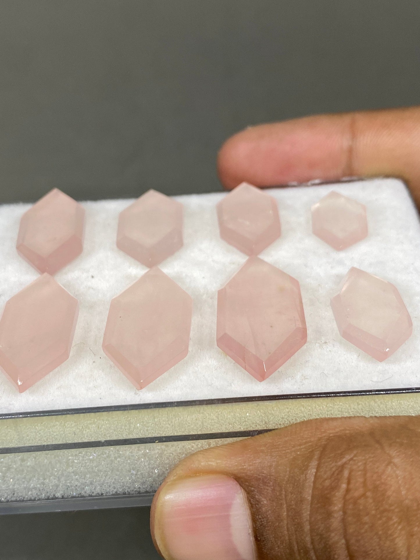 Stunning rare rose quartz hexagon mirror cut weight 76 cts pcs 8 size 16x10mm-28x13mm rose quartz stepcut hexagon