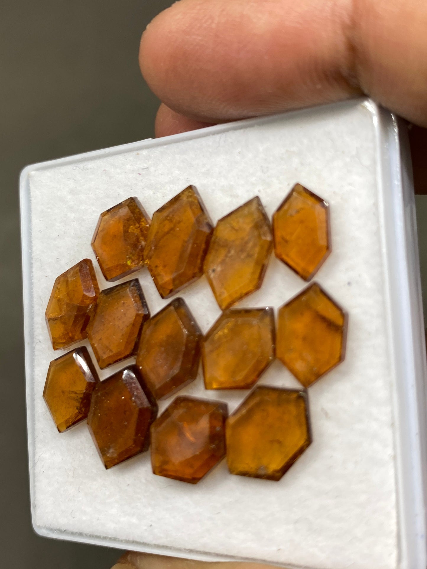 Mesmerising hessonite orange garnet hexagon mirror cuts wt 31 carats  pcs 13 size 10x6mm-13x8mm Hessonite garnet stepcut hexagons