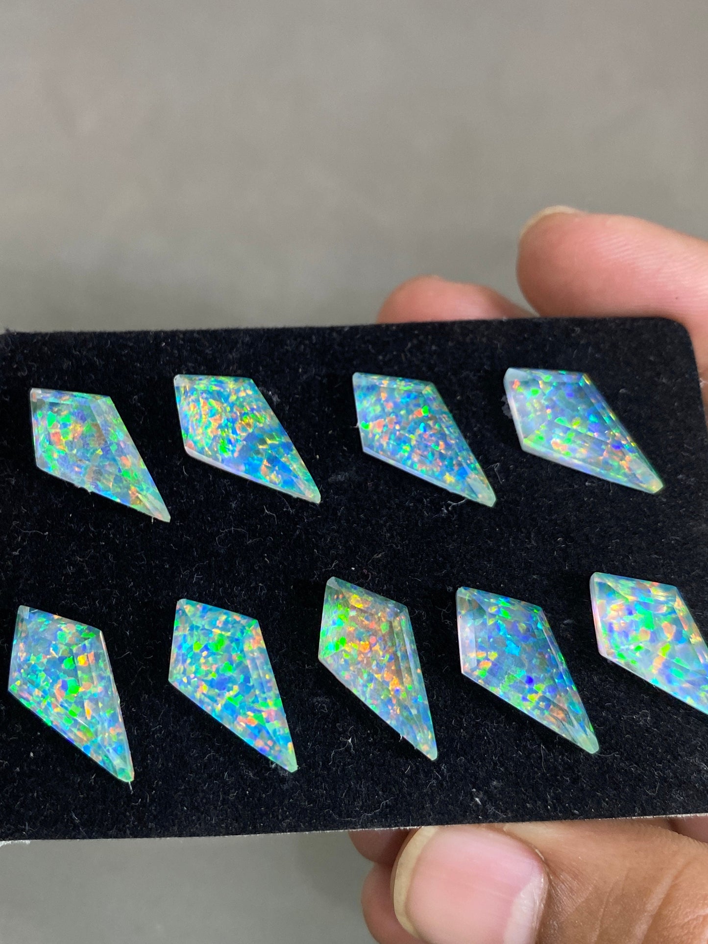 Astonishing multi fire  aurora opal and crystal  doublet kite stepcut  pcs 9 wt 59 carats big size 20x10mm ring pendant earring Aurora opal