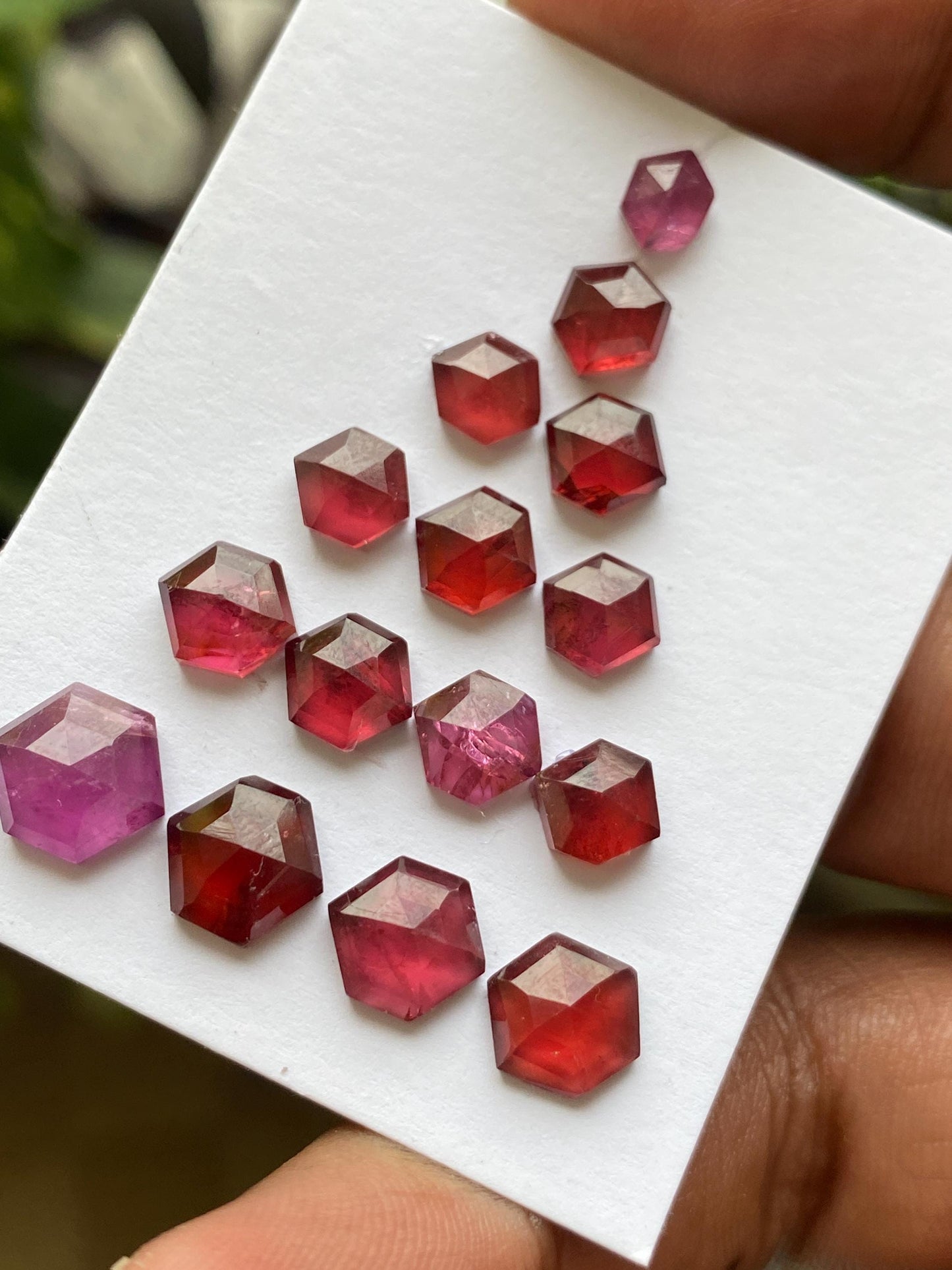 Fabulous Rhodolite garnet hexagon step cuts Malaya aaa quality wt 17 cts pcs 15 size  7.7x4.6-8.5x5.5mm Rhodolite garnet stepcut hexagons