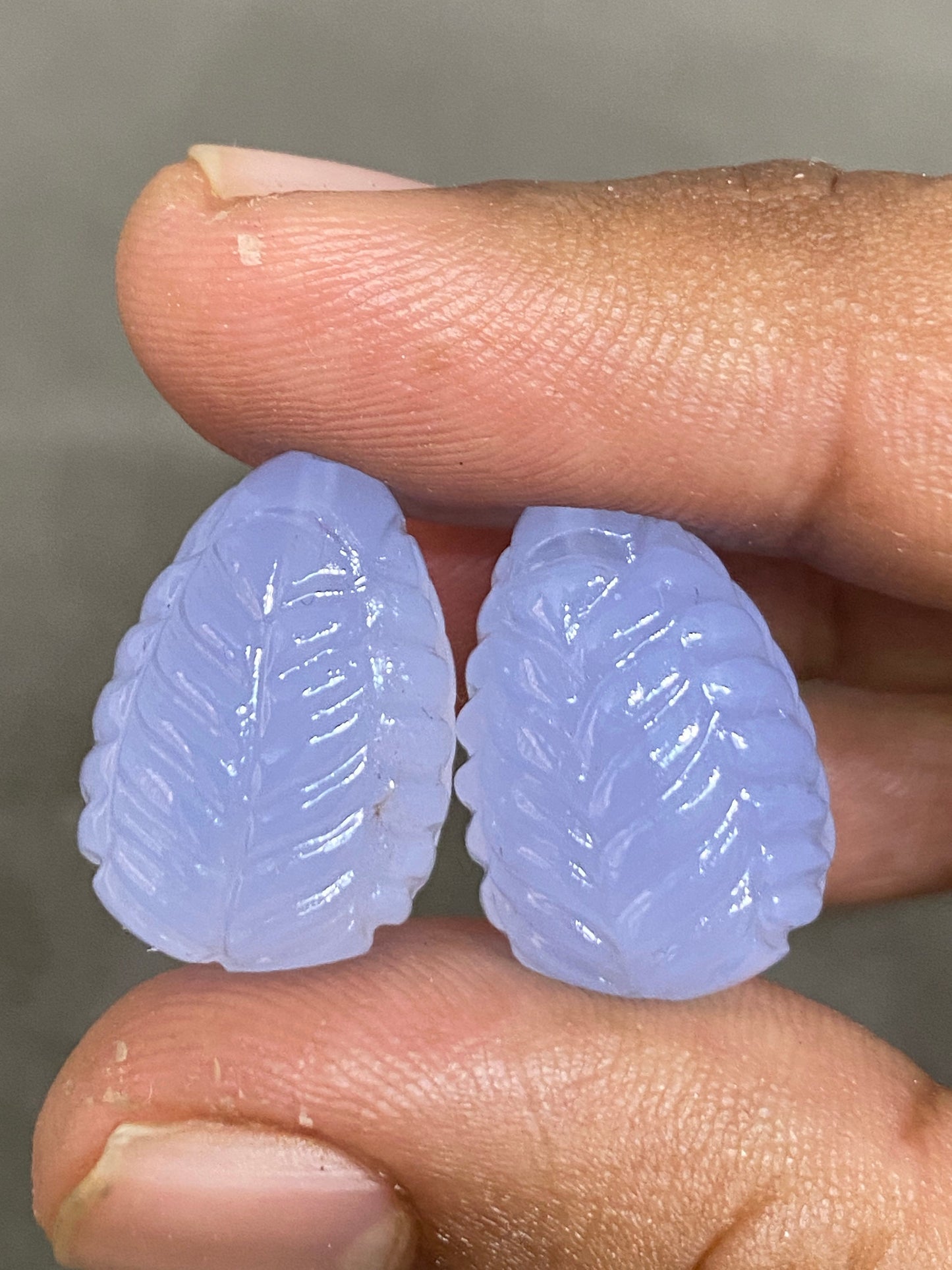 Natural lavender blue chalcedony  quartz  drop hand carved earring set wt 61 cts pcs 2 size  22x15mm lavender blue carving