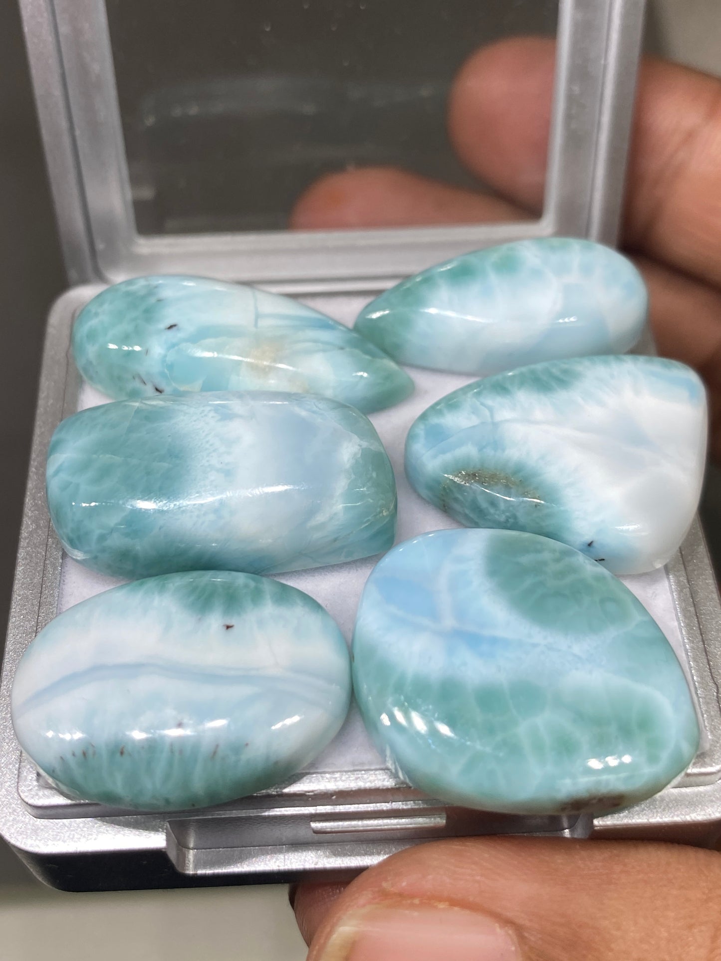 Awesome rare Smooth Larimar cabochons mix shapes  pcs 6 pendant supply  wt 148 carats size 26x12-32x15mm natural Larimar cabochons