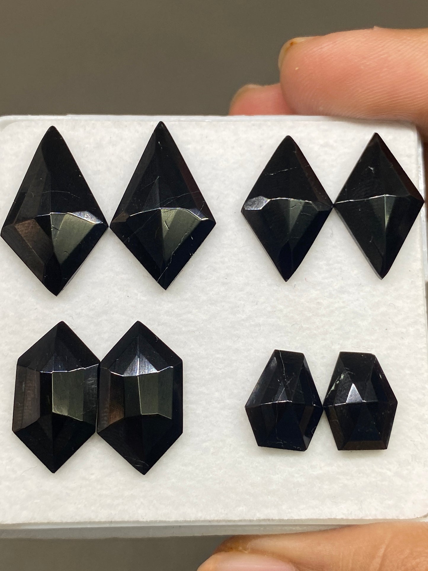 Fascinating black tourmaline hexagon kite diamond coffin stepcut matched pairs wt 45 carats pcs 8 size 12x10mm-25x15mm tourmaline black pair