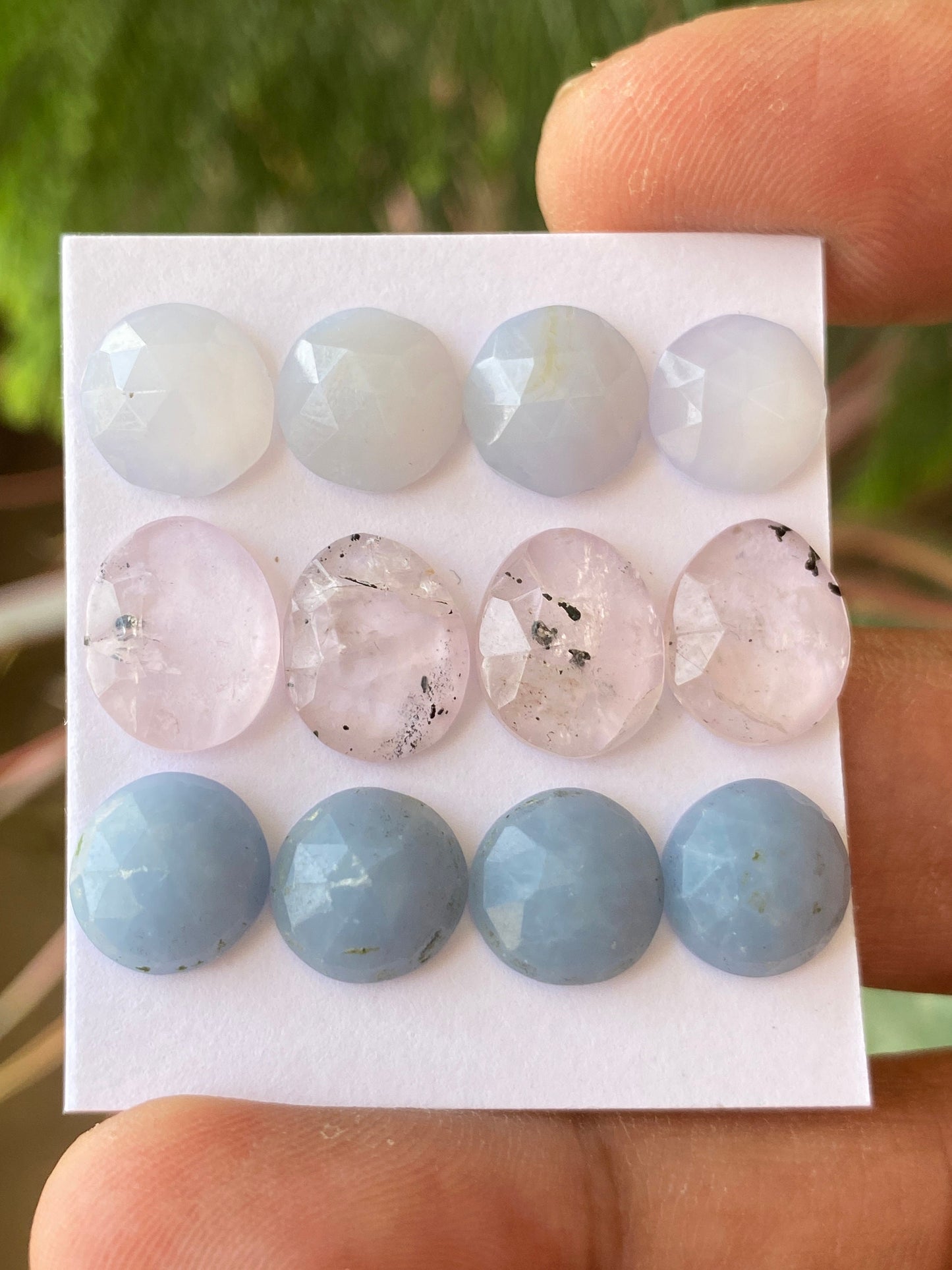 Chalcedony pink spot quartz and  angelite rosecut rounds and ovals pastel colors pcs 12 wt 35 carats size 10mm-12x10mm round oval rosecut