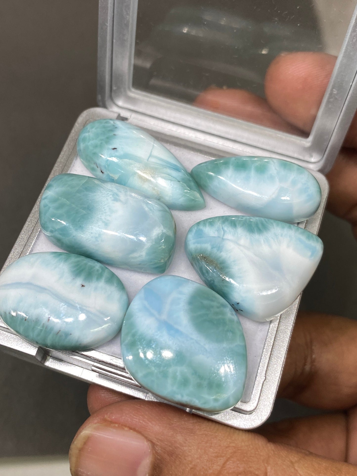 Awesome rare Smooth Larimar cabochons mix shapes  pcs 6 pendant supply  wt 148 carats size 26x12-32x15mm natural Larimar cabochons