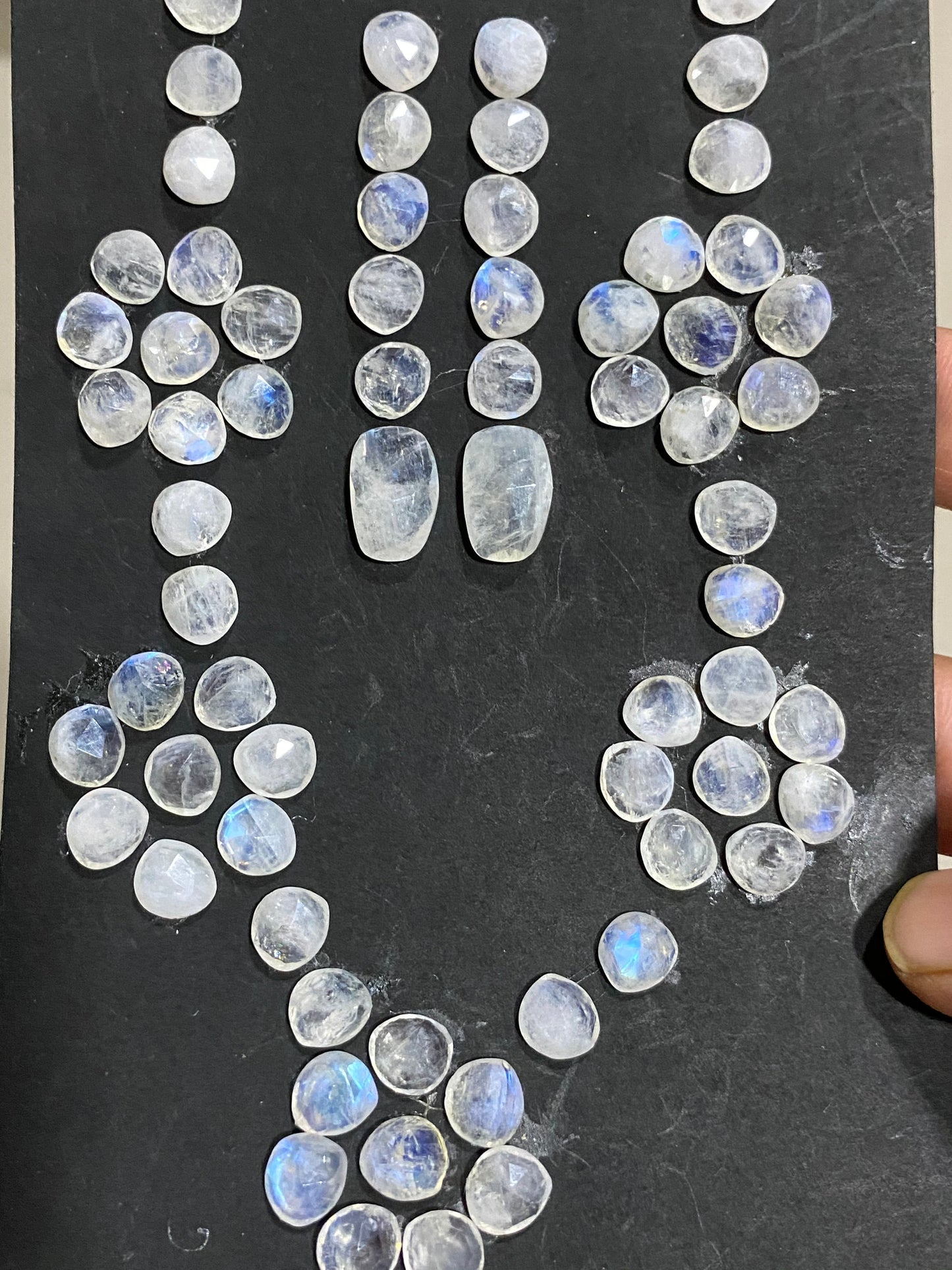 Stunning Blue fire rainbow moonstone faceted rosecut necklace set pcs wt 134.50 cts  size 8mm-15x10mm fire rainbow moonstone facted