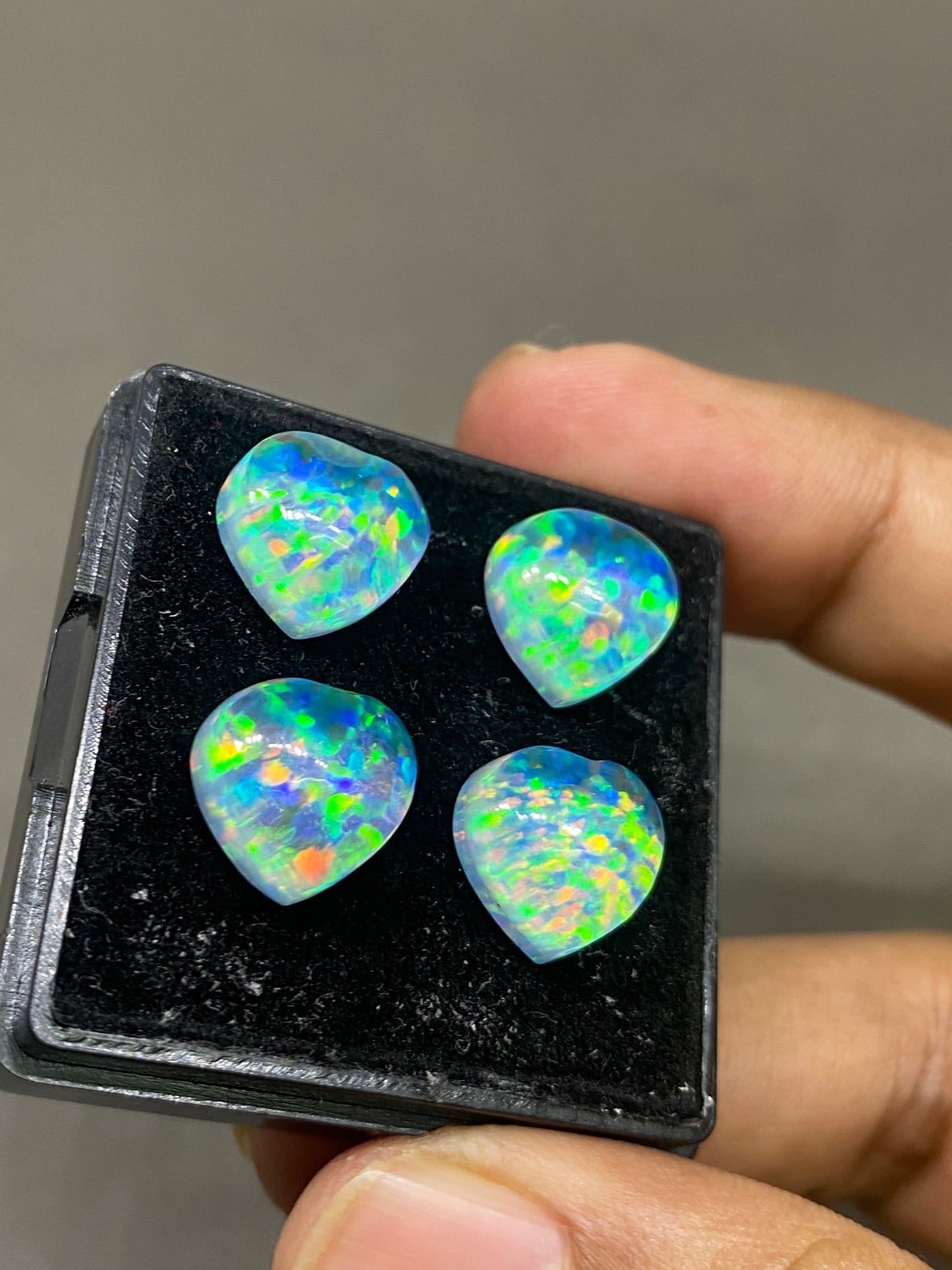 Mesmerising Multi fire aurora opal and crystal doublet heart  smooth cabochons pcs 4 wt 25 carats  size 12mm ring pendant auroral opal