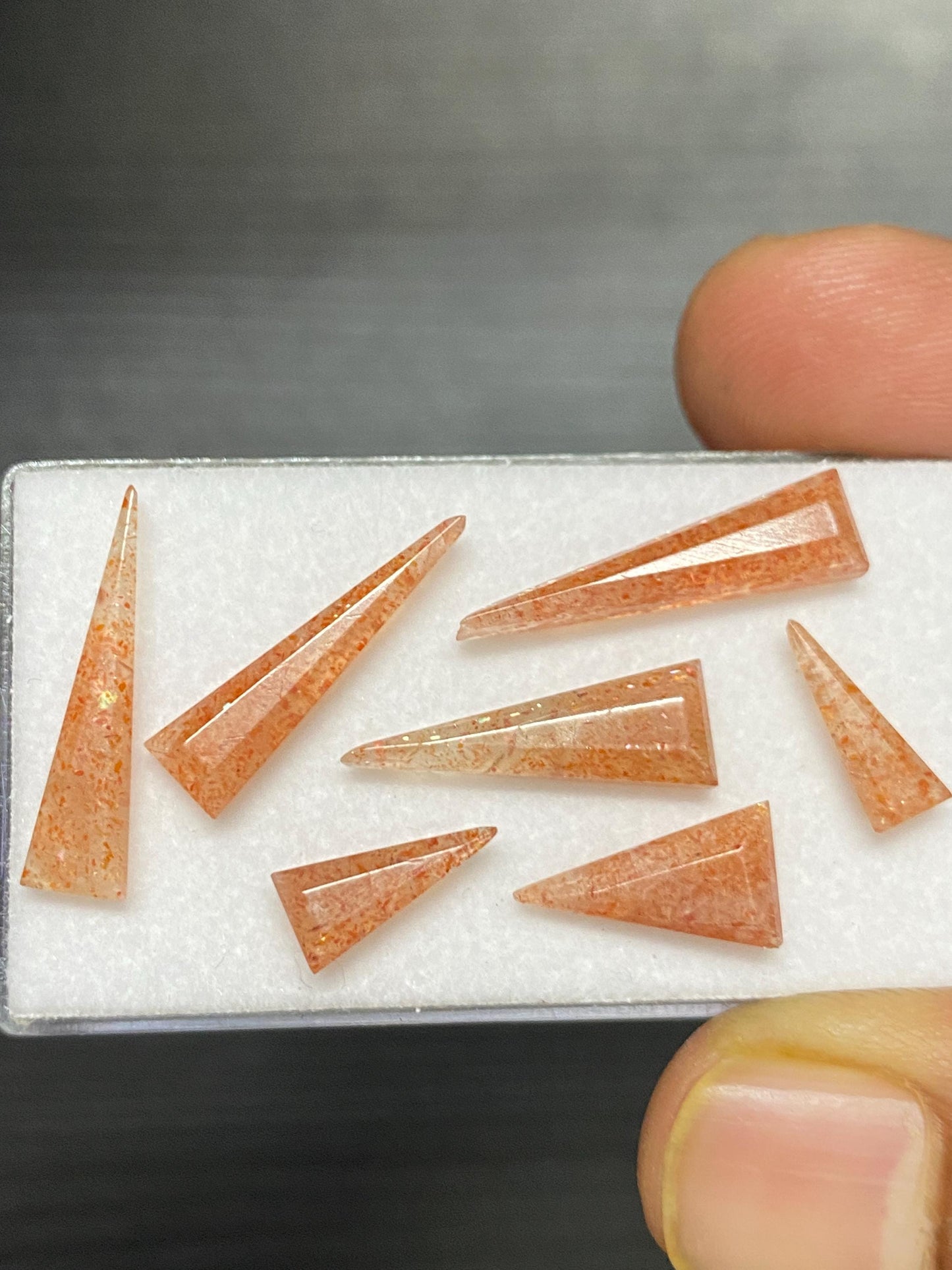 Stunning rare confetti sunstone triangle geometric stepcut flats wt 13.50 carats pcs 7 size 11x5-21x5mm sunstone  stepcut flatback gems