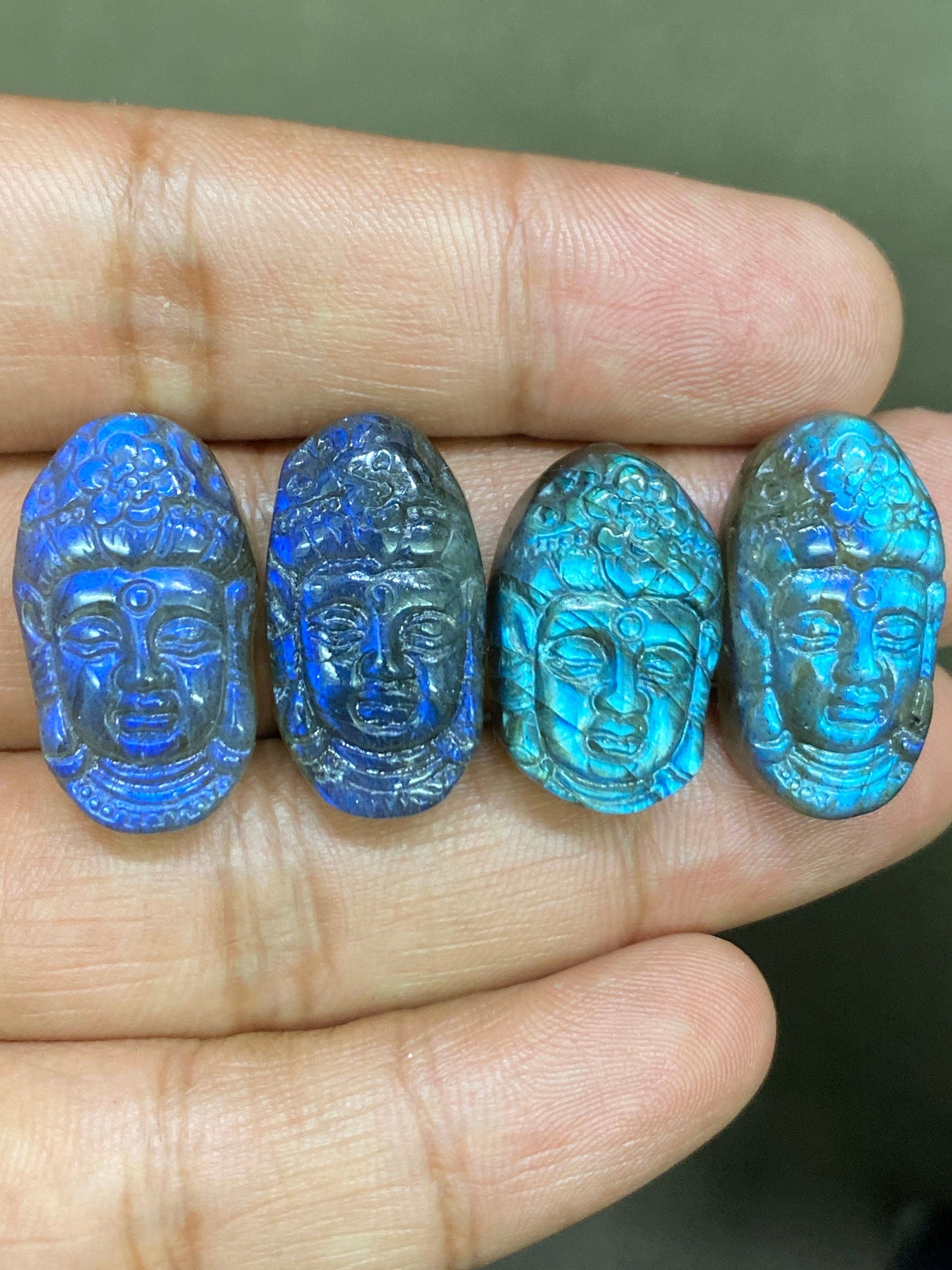 Stunning AAA Natural Blue fire labradorite Lord Face  carving aaa wt 89 cts pcs 4 size 26x14mm labradorite lord face  carving