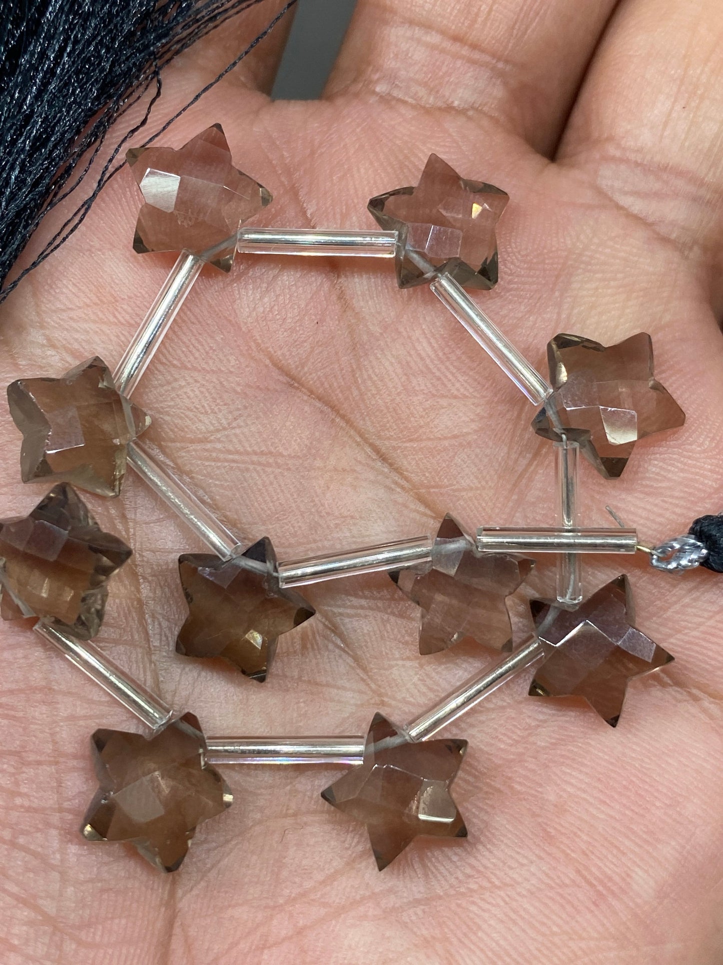 Gorgeous rare Smokey quartz faceted star shape briolette strand length 7 inches wt 44 cts approx size 11mm-12mm Smokey quartz star briolette