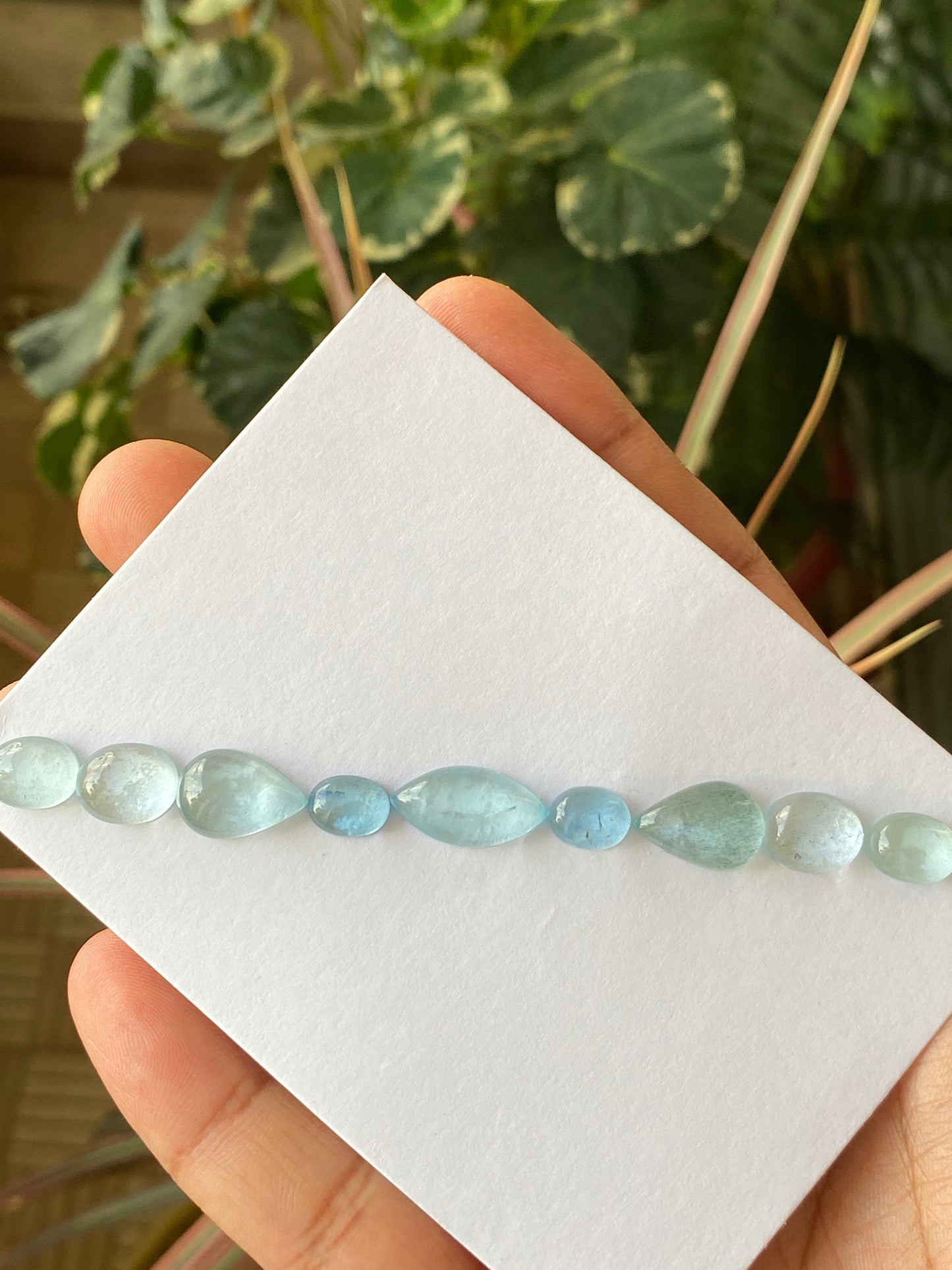 Delightful rare Aquamarine Fine quality cabochons  bracelet supply  pcs 9 wt 33 carats Size 10x7mm-18x9mm aquamarine cabochons flats