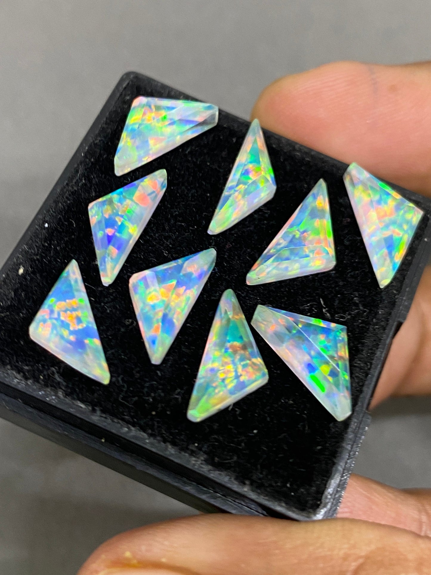 Gorgeous Multi fire Aurora opal and crystal doublet scalene triangles geometric cut pcs 9 wt 20 cts size 12x6mm-13x6mm rosecut monarch opal